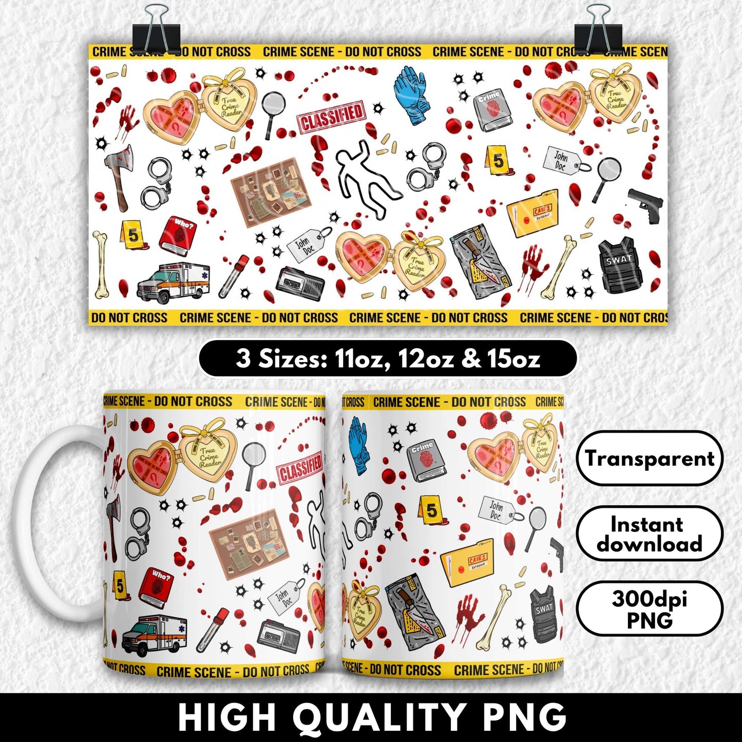 Mug with crime scene-themed design and text on a white background