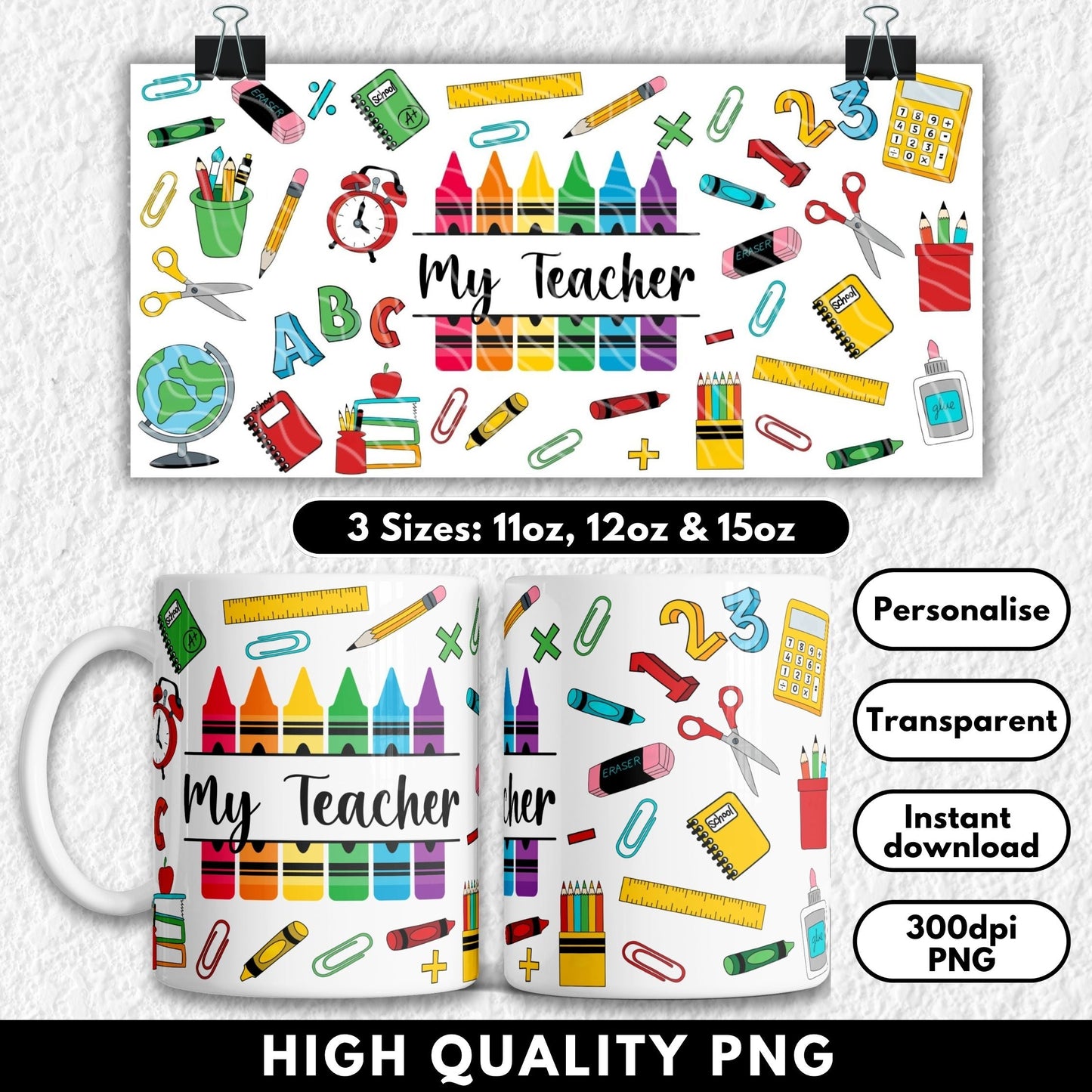 Mug with colorful teacher-themed design and text 'My Teacher' on a white background.
