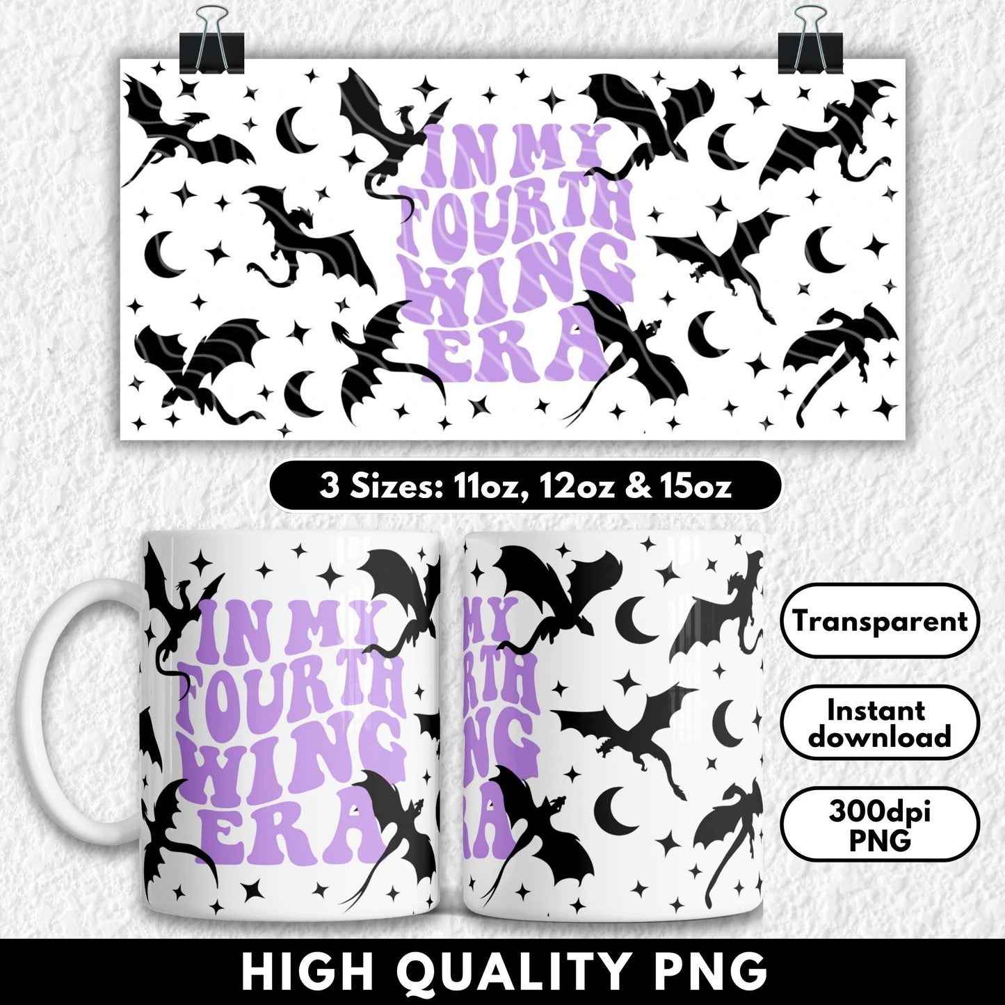 Mug with 'In My Fourth Wing Era' design and matching poster on a white background