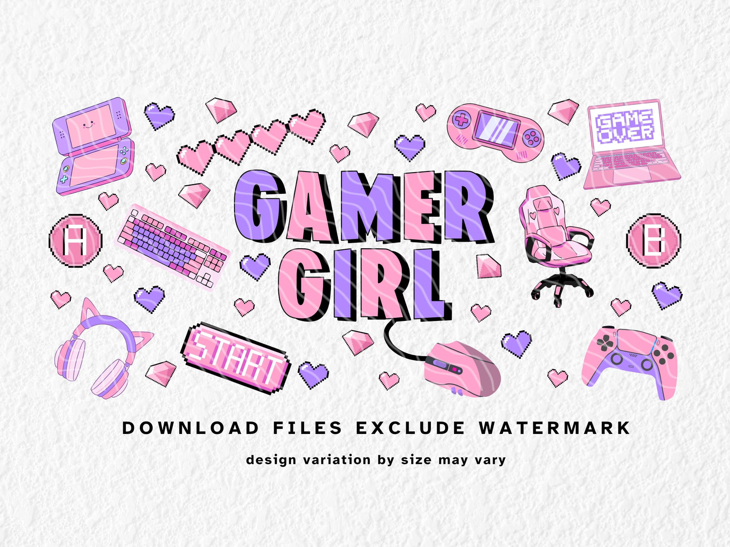Cute pink and purple Gamer Girl sublimation design for 11oz, 12oz, and 15oz mugs. Features retro gaming icons like pixel hearts, game controllers, cat-ear headphones, a pink gaming chair, and pastel consoles. Bold text in the center says “Gamer Girl.” A perfect wrap for gamer gifts, streamers, and cozy gaming setups. Fun, kawaii aesthetic for UV DTF or sublimation printing.
