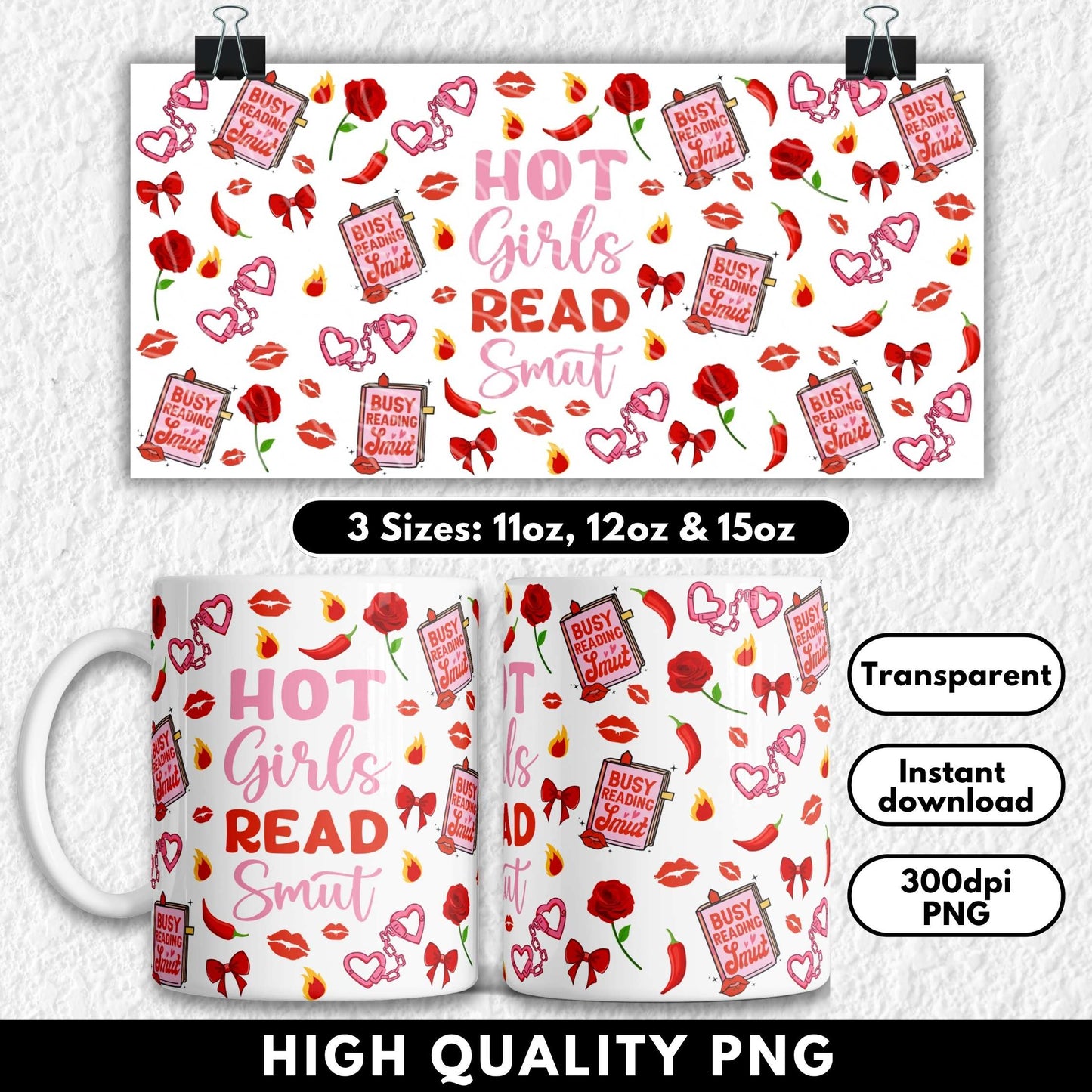Mug with 'Hot Girls Read Smut' design and product details on a white background