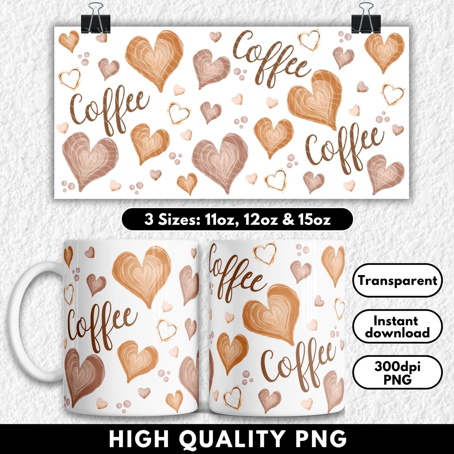 Seamless coffee heart sublimation design featuring swirled latte-style hearts, coffee bubbles, and the word "coffee" in handwritten script. Soft brown, beige, and tan tones with a textured, hand-painted style on a black background. Perfect for 11oz, 12oz, and 15oz sublimation mugs for coffee lovers, baristas, and morning caffeine addicts. Great for cosy, autumn-inspired, or neutral-toned drinkware.