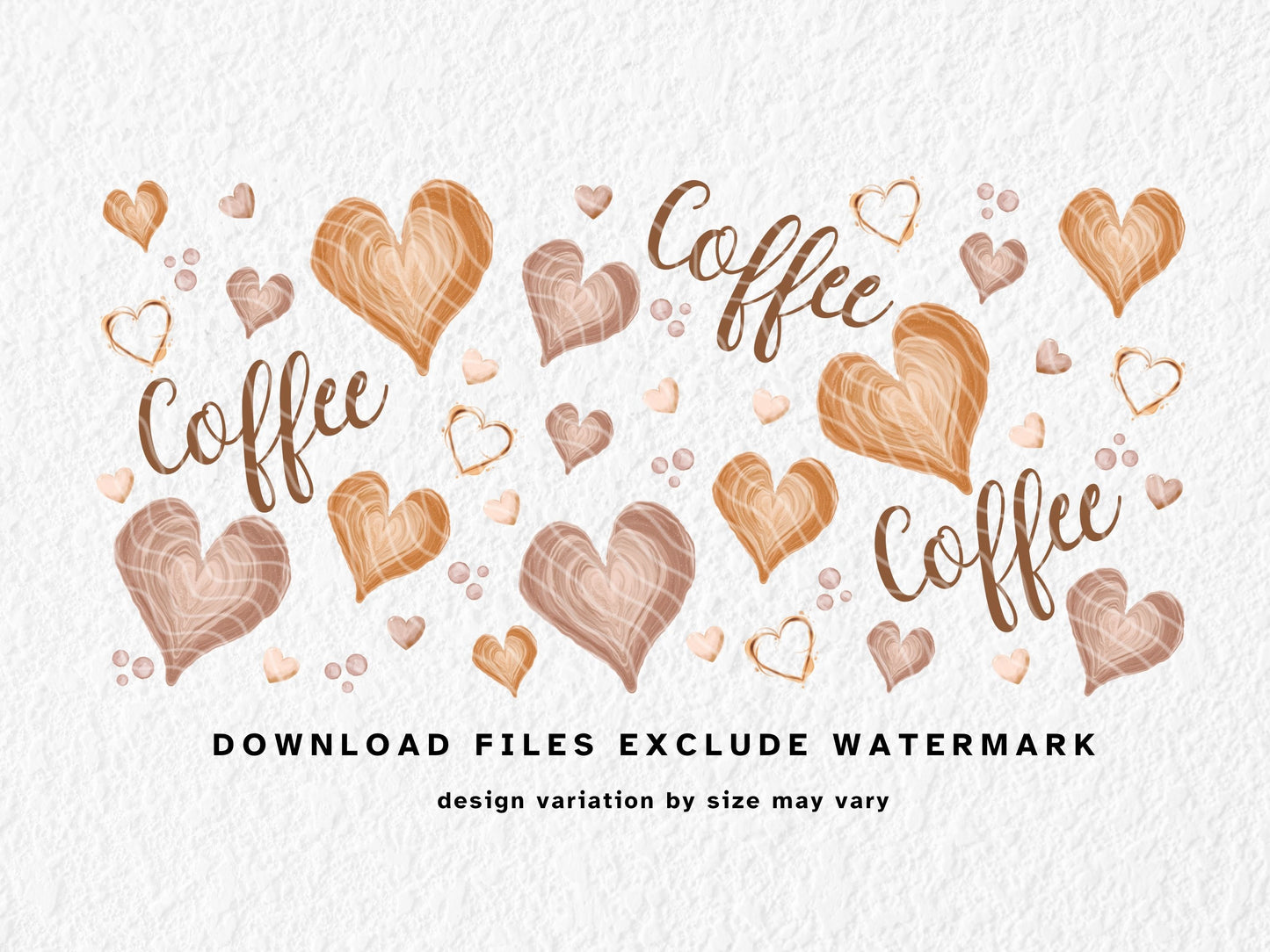 Seamless coffee heart sublimation design featuring swirled latte-style hearts, coffee bubbles, and the word "coffee" in handwritten script. Soft brown, beige, and tan tones with a textured, hand-painted style on a black background. Perfect for 11oz, 12oz, and 15oz sublimation mugs for coffee lovers, baristas, and morning caffeine addicts. Great for cosy, autumn-inspired, or neutral-toned drinkware.