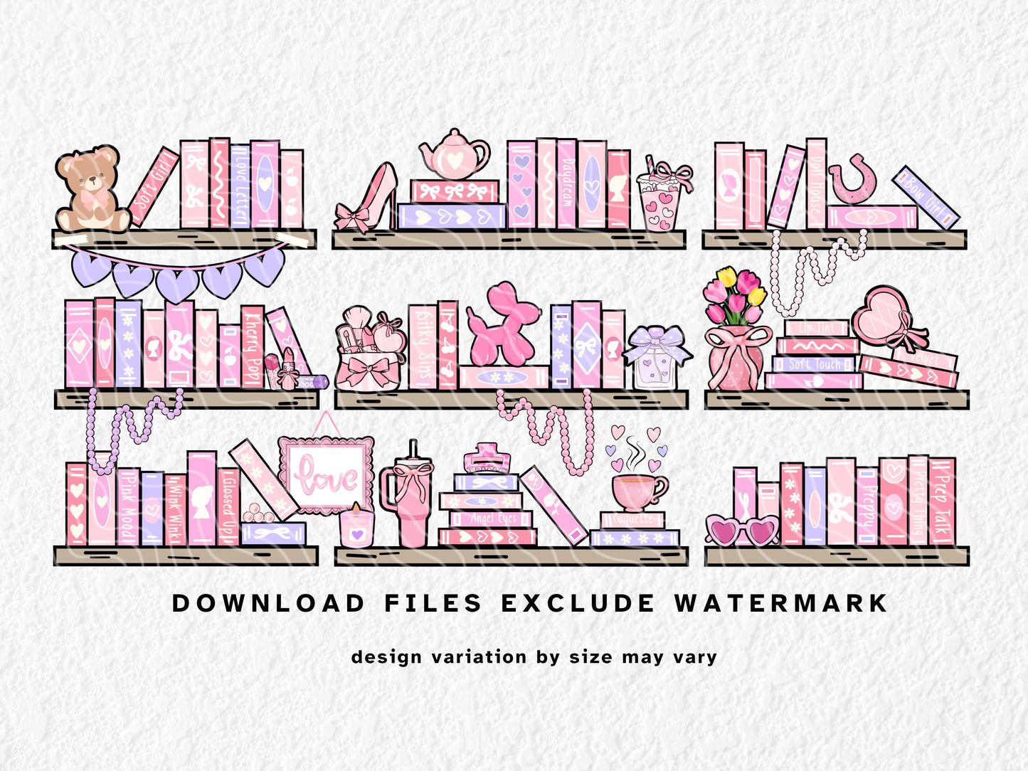 Aesthetic coquette bookshelf sublimation design in pink and pastel tones for 11oz, 12oz, and 15oz mugs. Features girly stacked books, pearls, makeup, tulips, bows, heart-shaped accessories, and cute trinkets on wooden shelves. Feminine, soft-core decor meets cozy bookish vibes. Perfect for sublimation or UV DTF crafting on mugs and tumblers for pink-loving, coquette-core fans.