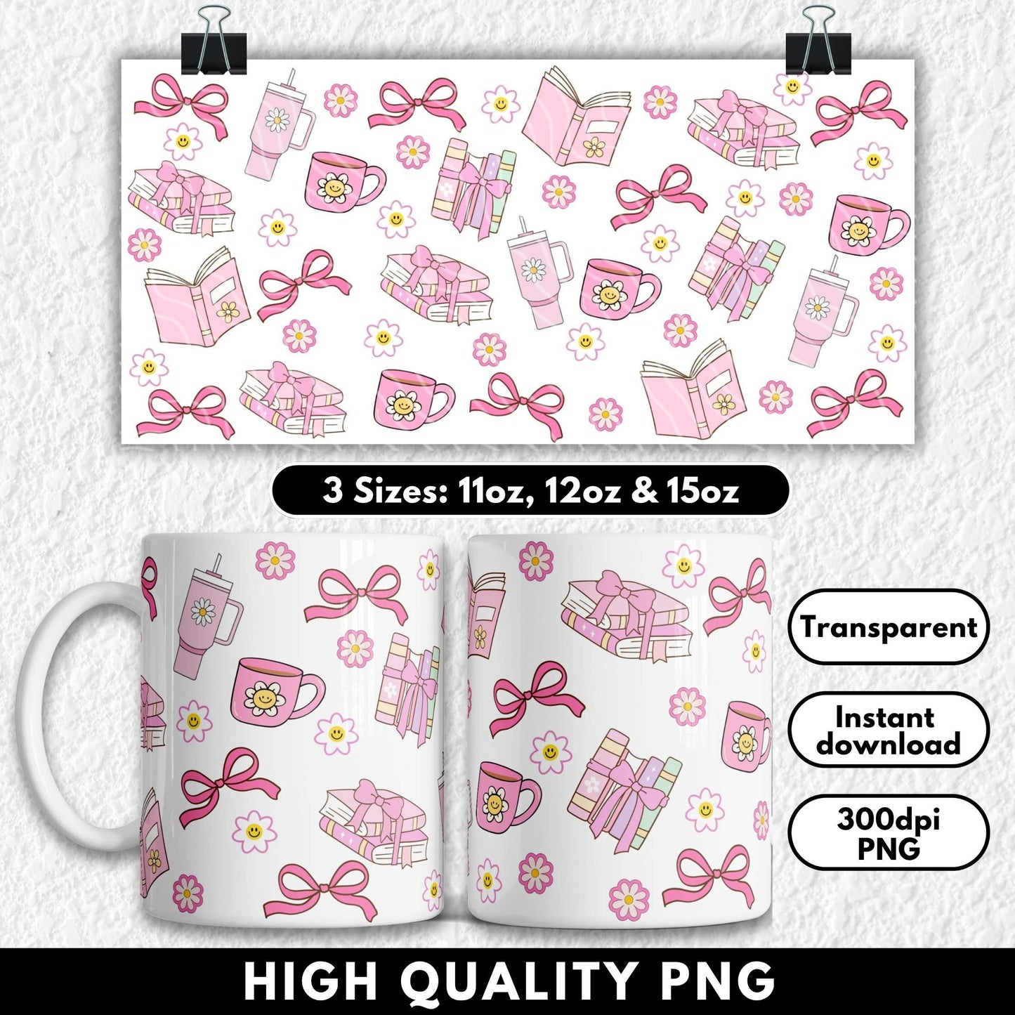 Mug with pink bow and flower pattern on a white background