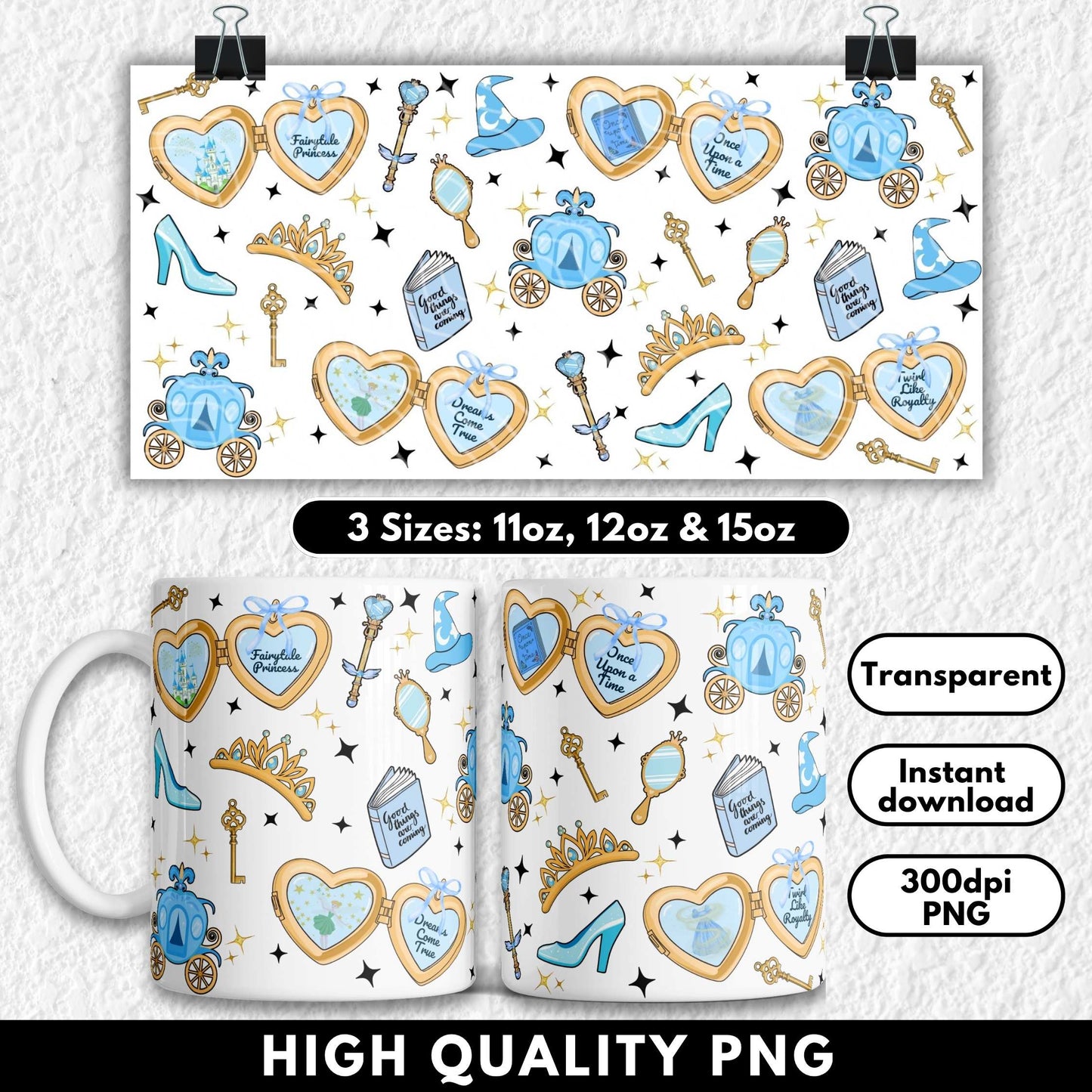 Whimsical fairytale princess sublimation mug wrap designed for 11oz, 12oz, and 15oz mugs. Features magical locket charms, golden carriages, tiaras, wands, keys, glass slippers, and pastel storybooks with phrases like “Dreams Come True” and “Once Upon a Time.” A dreamy design perfect for book lovers, fairy tale fans, and coquette girls who live like royalty. Great for fantasy readers, princess gifts, or magical tea time vibes.