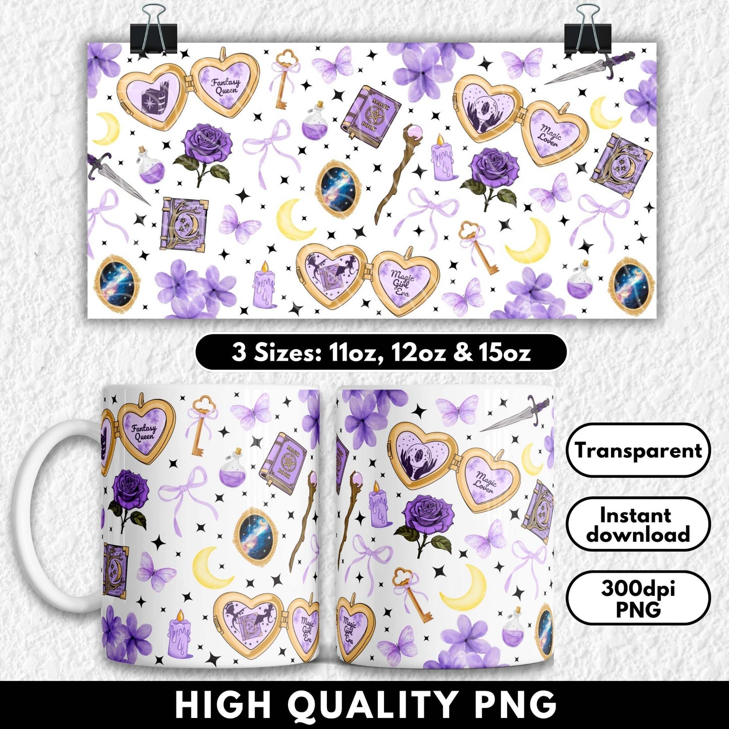 Fantasy-themed sublimation mug wrap featuring purple and gold elements inspired by BookTok and romantasy trends. Includes magical books, crystal lockets, crescent moons, daggers, roses, keys, and phrases like “Fantasy Queen” and “Magic Girl Era.” Designed for readers of fantasy and romantasy series such as Fourth Wing and ACOTAR. Perfect for sublimation or UV DTF on 11oz, 12oz, and 15oz mugs. Ideal gift for bookish girls and fantasy lovers.
