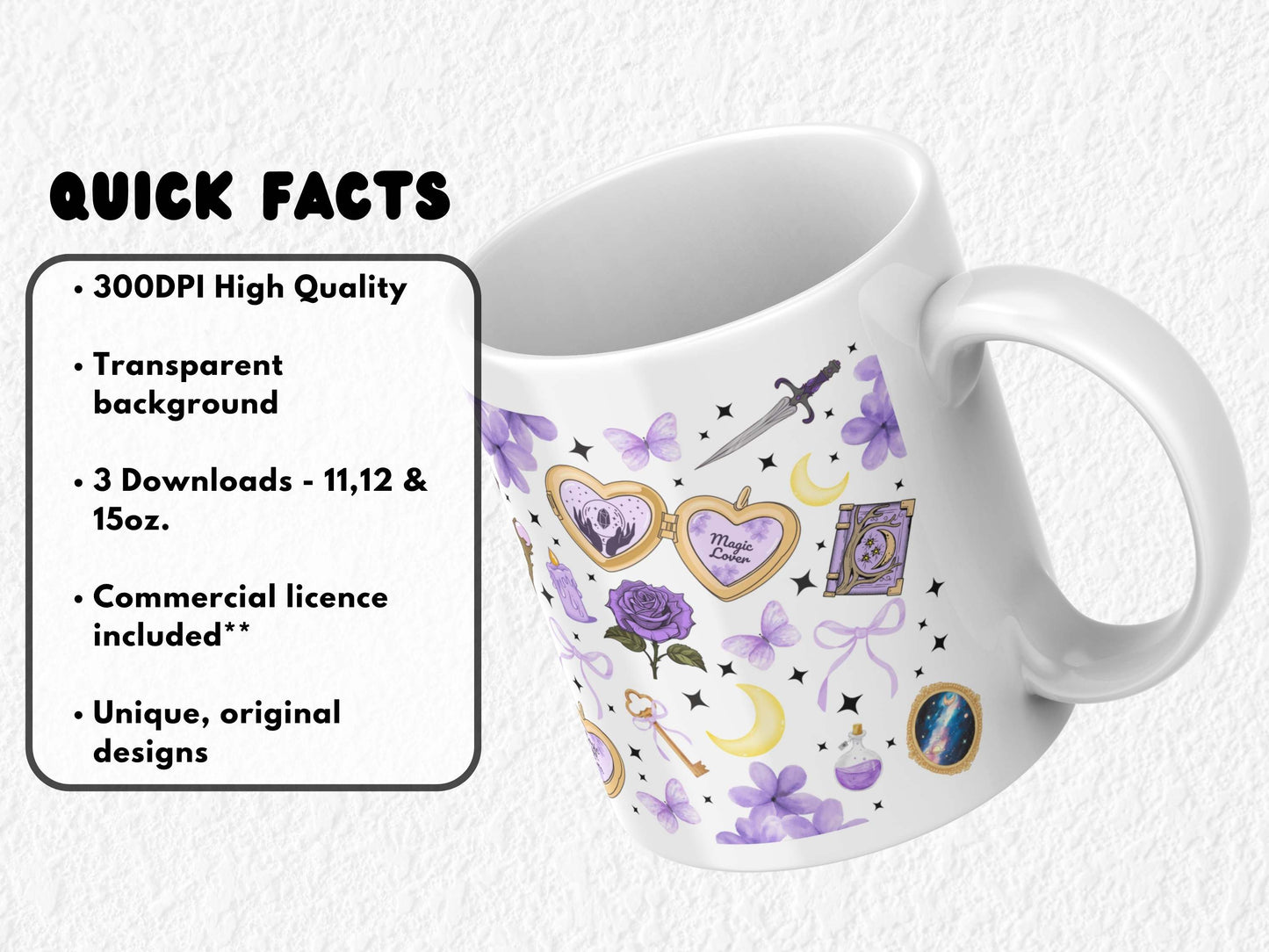 Fantasy-themed sublimation mug wrap featuring purple and gold elements inspired by BookTok and romantasy trends. Includes magical books, crystal lockets, crescent moons, daggers, roses, keys, and phrases like “Fantasy Queen” and “Magic Girl Era.” Designed for readers of fantasy and romantasy series such as Fourth Wing and ACOTAR. Perfect for sublimation or UV DTF on 11oz, 12oz, and 15oz mugs. Ideal gift for bookish girls and fantasy lovers.