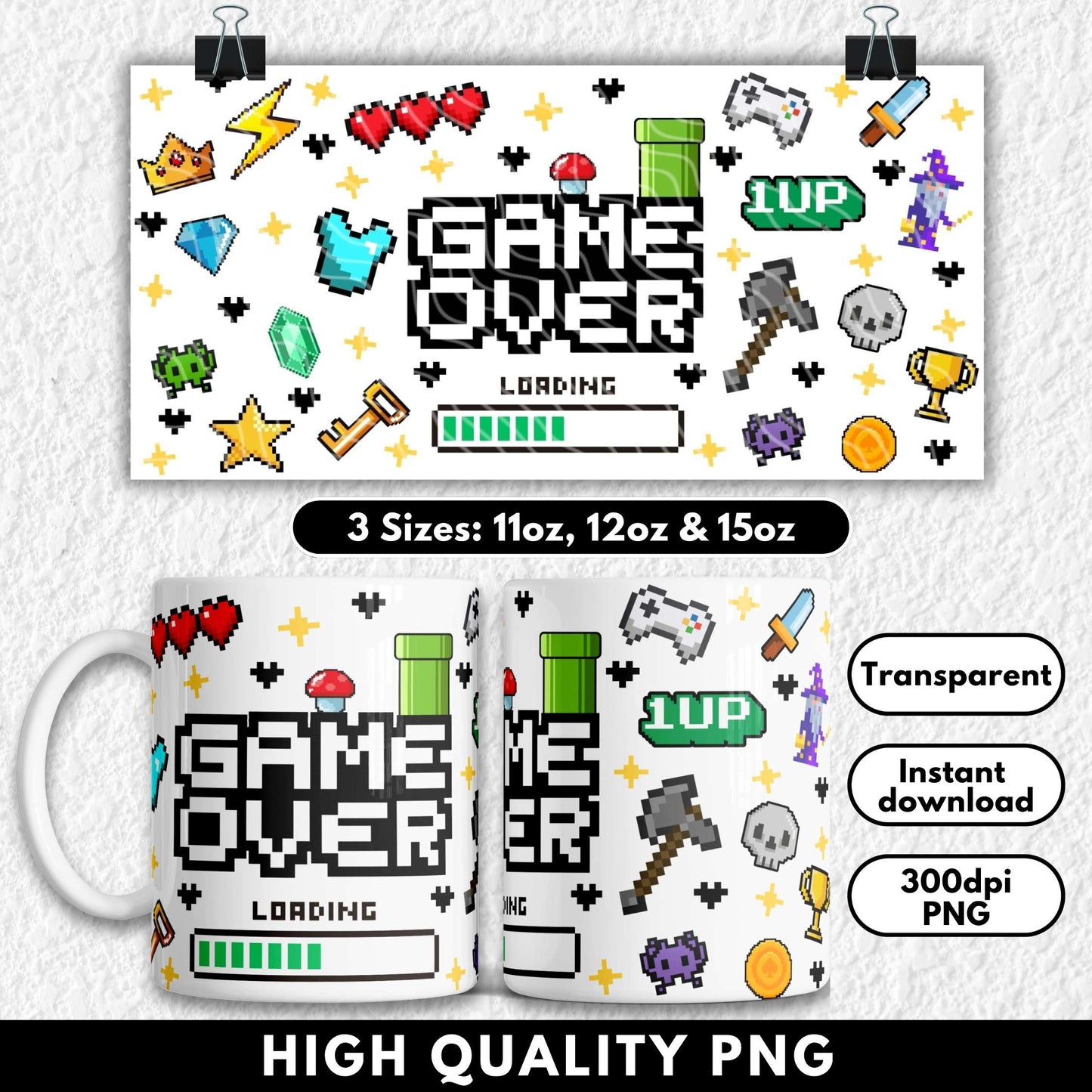Mug with game-themed design and text 'Game Over' on a white background