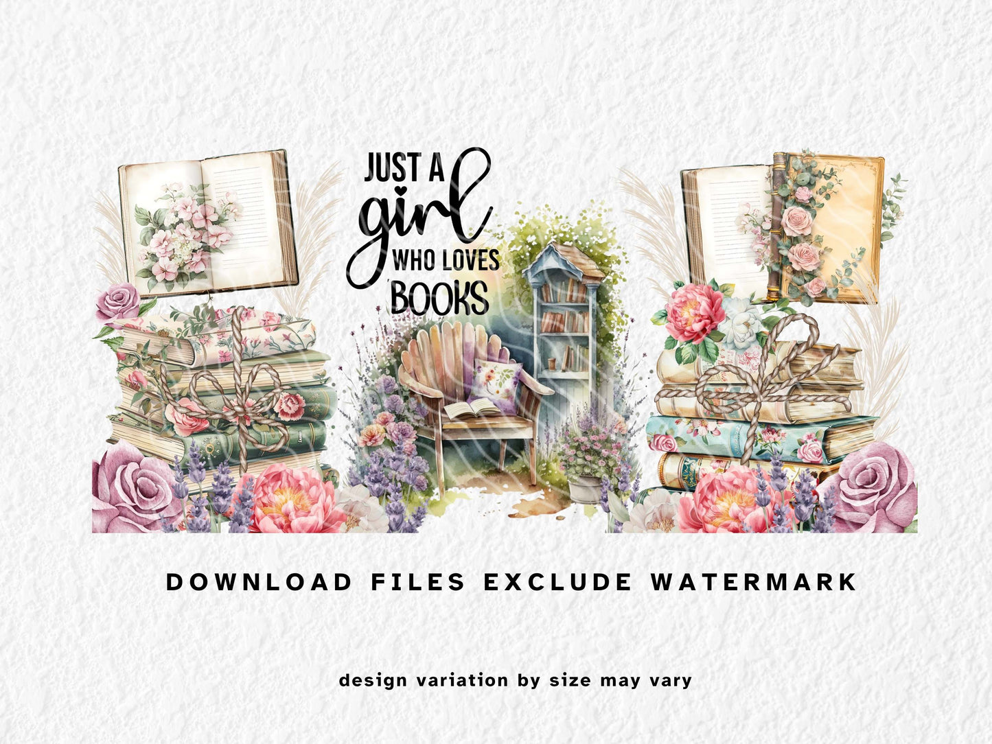 Charming sublimation mug wrap design for 11oz, 12oz, and 15oz mugs, featuring vintage floral books, pastel peonies and roses, open journals, and a cozy garden reading nook. With a soft watercolor style and romantic cottagecore vibes, this wrap is perfect for book lovers, readers, and fantasy fans who adore cozy aesthetics and peaceful reading corners. Ideal for sublimation or UV DTF printing.