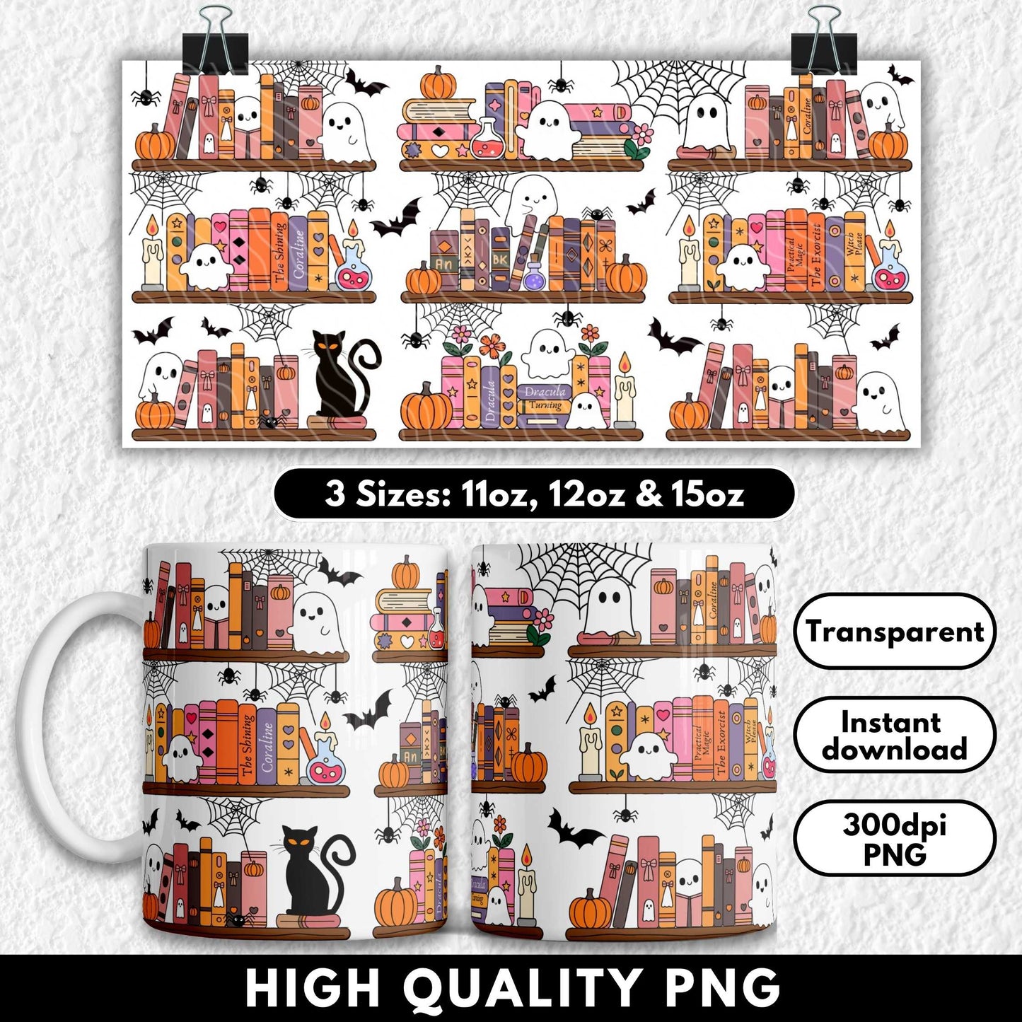 Pastel Halloween bookshelf Libbey can wrap for 11oz, 12oz & 15oz sublimation mugs. Features cute ghosts, pumpkins, black cats, potion bottles, candles, and spooky books like Dracula, The Shining, and Coraline. Perfect for book lovers and Halloween fans. Designed for sublimation and UV DTF, ideal for autumn and spooky season drinkware.