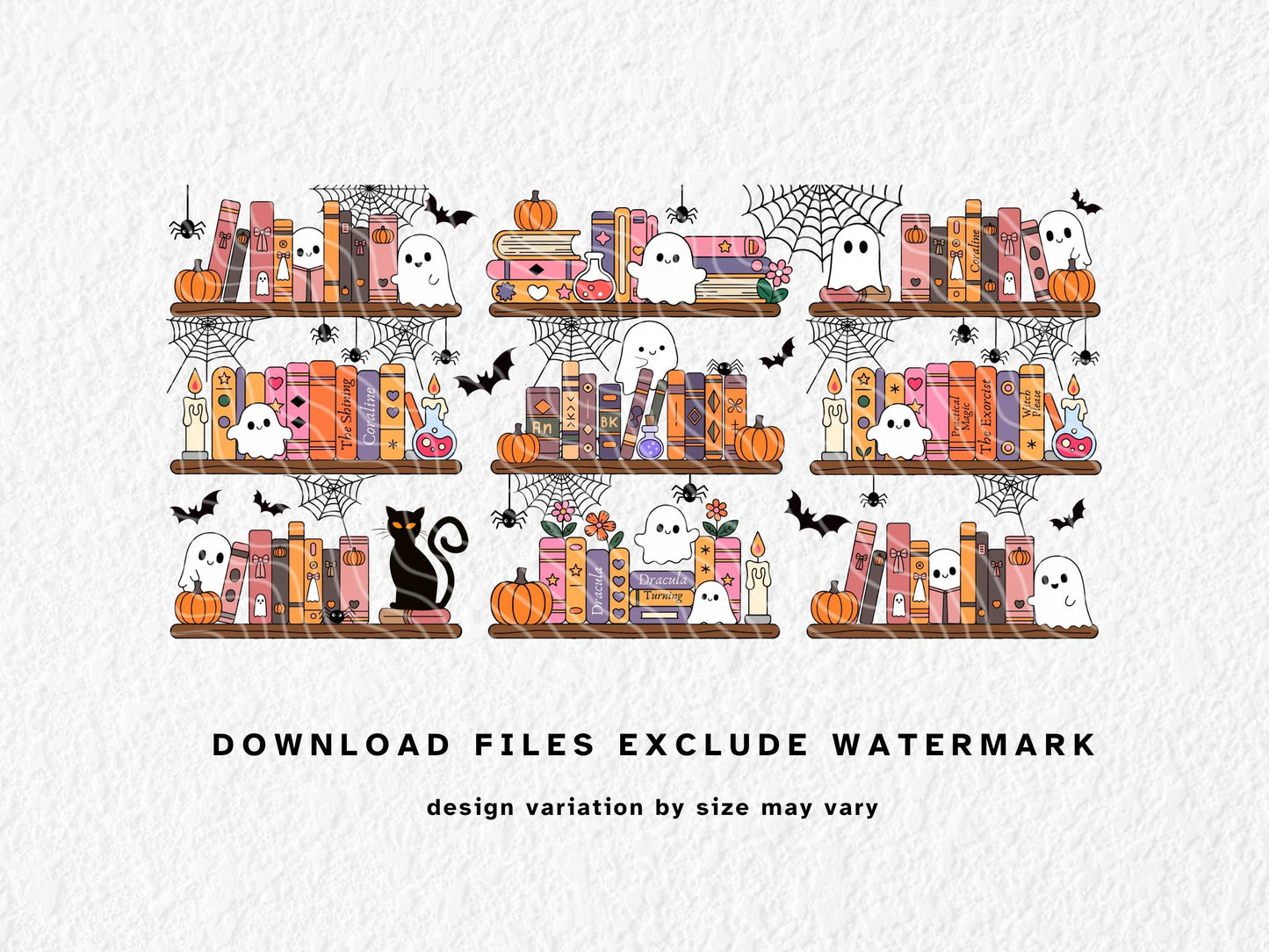 Pastel Halloween bookshelf Libbey can wrap for 11oz, 12oz & 15oz sublimation mugs. Features cute ghosts, pumpkins, black cats, potion bottles, candles, and spooky books like Dracula, The Shining, and Coraline. Perfect for book lovers and Halloween fans. Designed for sublimation and UV DTF, ideal for autumn and spooky season drinkware.