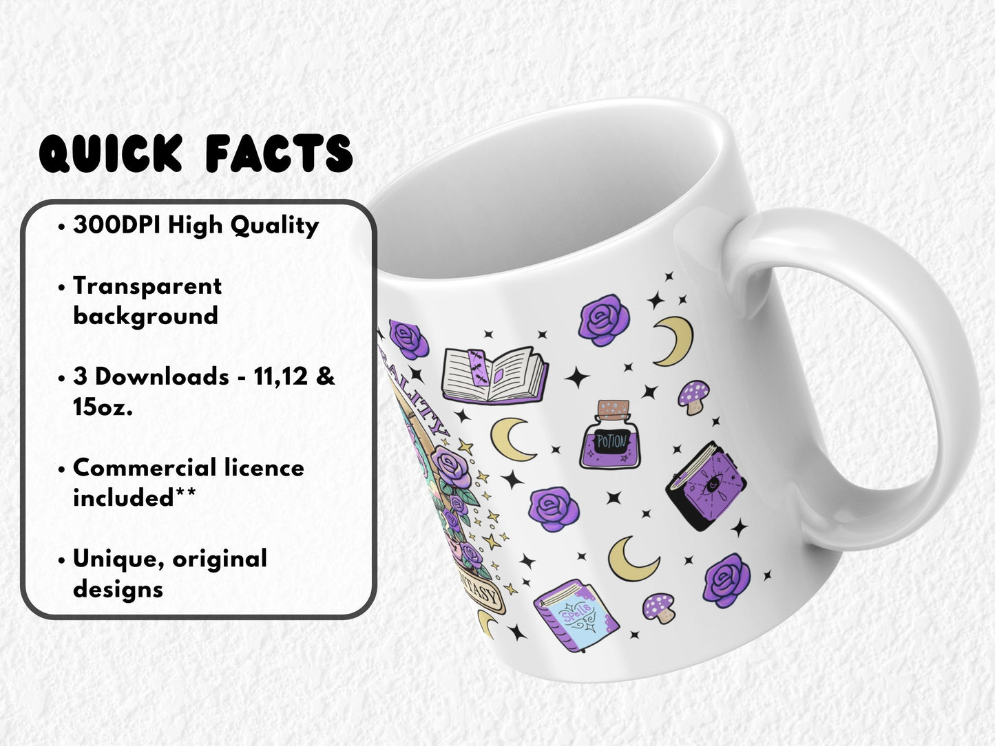 Fantasy-themed mug wrap for 11oz, 12oz, and 15oz sublimation mugs. Features a magical pastel castle scene with a pink dragon, spellbooks, crescent moons, potion bottles, and purple roses. The central text reads “Leaving Reality, Entering Fantasy,” perfect for book lovers, fantasy fans, and BookTok readers. Ideal for sublimation or UV DTF printing, with a dreamy aesthetic for romantasy and witchy vibes.