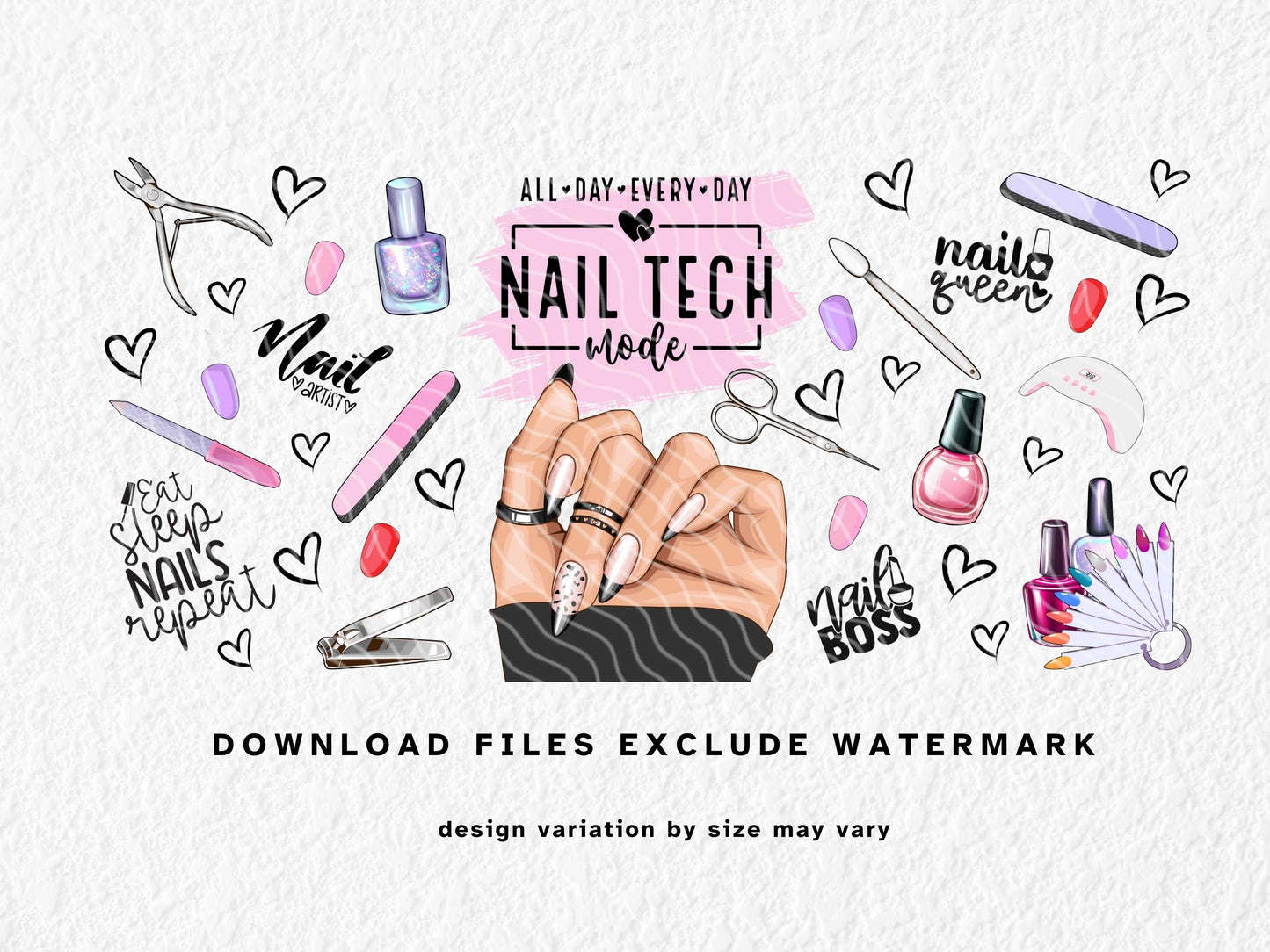 Vibrant nail tech-themed sublimation design for 11oz–15oz mugs. Features illustrated tools like clippers, files, buffers, polish bottles, UV lamp, glitter nails, and glam hand pose with statement rings. “Nail Tech Mode” text in bold over a blush pink brushstroke. A fun, bold, and modern design perfect for nail technicians, salons, or self-care lovers who live for nails and boss vibes.