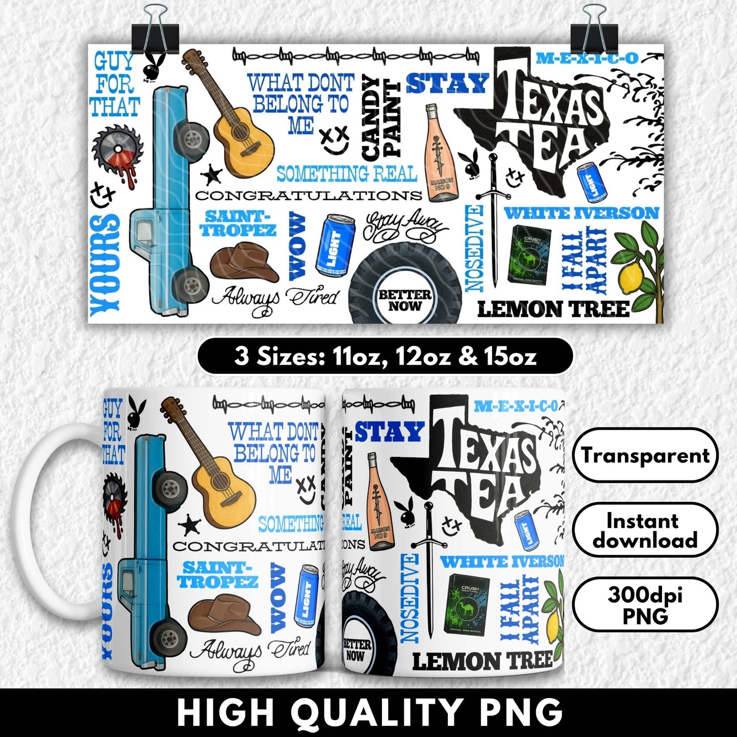 Post Malone–inspired sublimation mug wrap featuring iconic elements like a Maison No. 9 wine bottle, cowboy hat, guitar, blue pickup truck, “Texas Tea” text, tire, menthol box, and lyrics from songs like White Iverson, Stay, Wow, and Saint-Tropez. Bold typography and southern vibes give it a country-meets-hip-hop aesthetic. Designed for 11oz, 12oz, and 15oz sublimation mugs. Great for fans of Posty or rap-country blends.