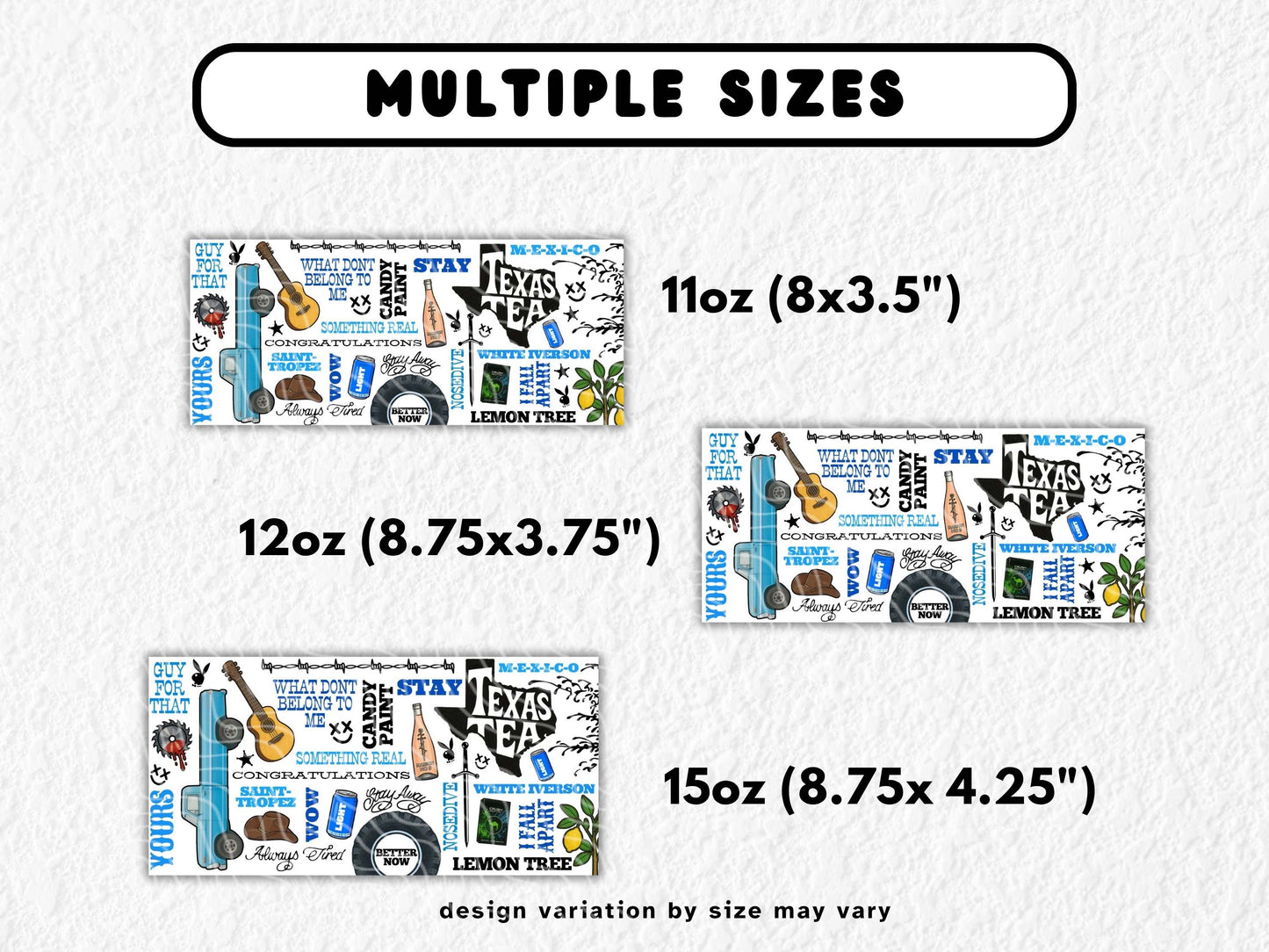 Post Malone–inspired sublimation mug wrap featuring iconic elements like a Maison No. 9 wine bottle, cowboy hat, guitar, blue pickup truck, “Texas Tea” text, tire, menthol box, and lyrics from songs like White Iverson, Stay, Wow, and Saint-Tropez. Bold typography and southern vibes give it a country-meets-hip-hop aesthetic. Designed for 11oz, 12oz, and 15oz sublimation mugs. Great for fans of Posty or rap-country blends.