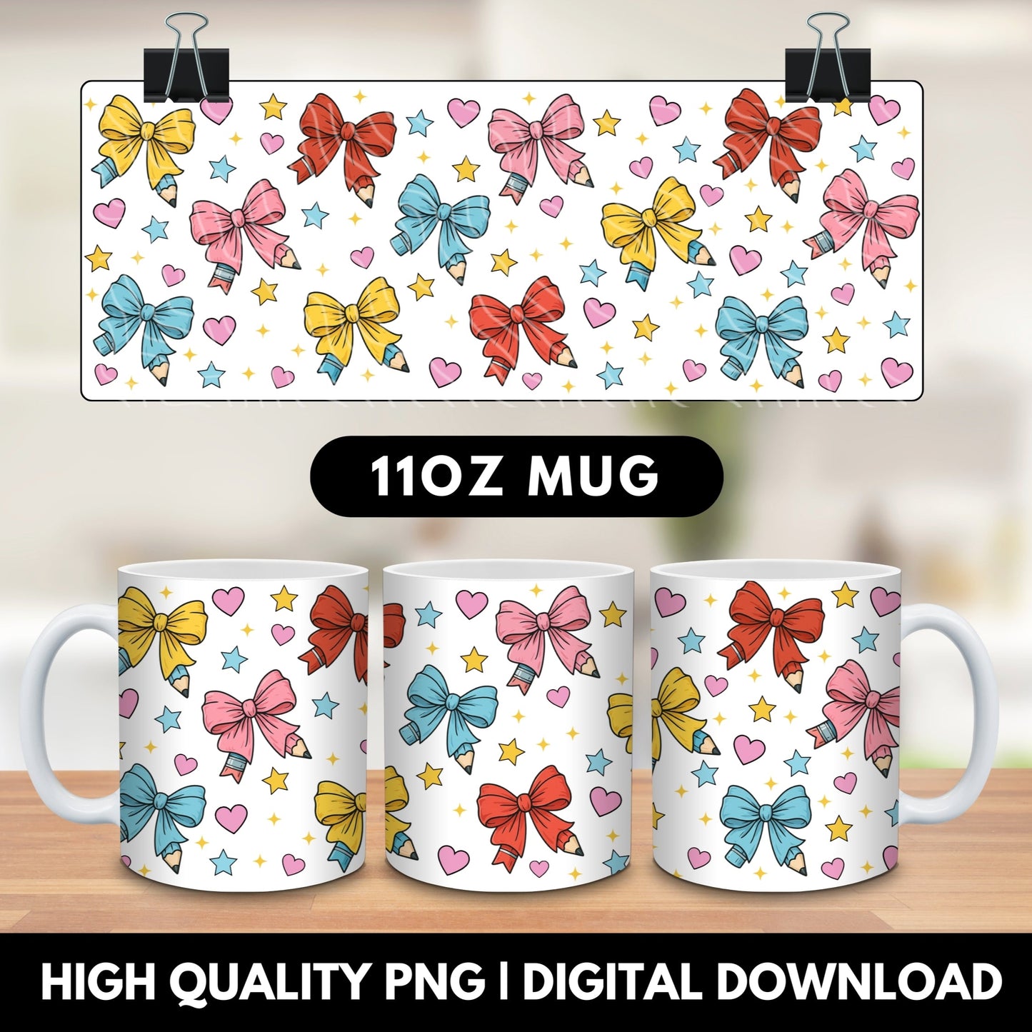 11oz 12oz and 15oz sublimation mug teacher appreciation digital design wrap, use to sublimation onto mugs. featuring a cute coquette pencil bow design. png download