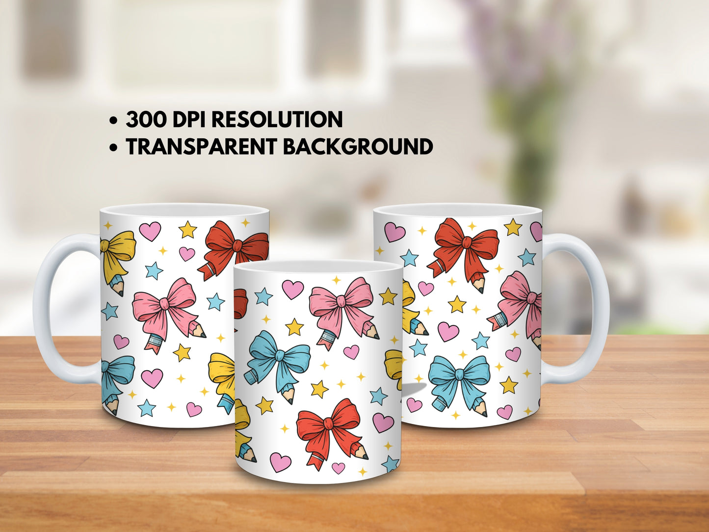 11oz 12oz and 15oz sublimation mug teacher appreciation digital design wrap, use to sublimation onto mugs. featuring a cute coquette pencil bow design. png download