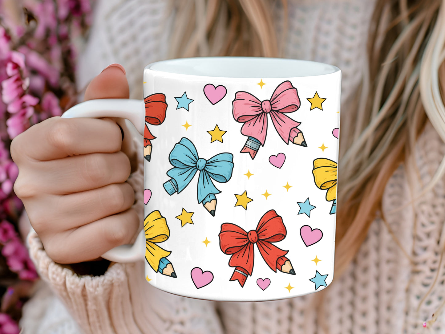 11oz 12oz and 15oz sublimation mug teacher appreciation digital design wrap, use to sublimation onto mugs. featuring a cute coquette pencil bow design. png download
