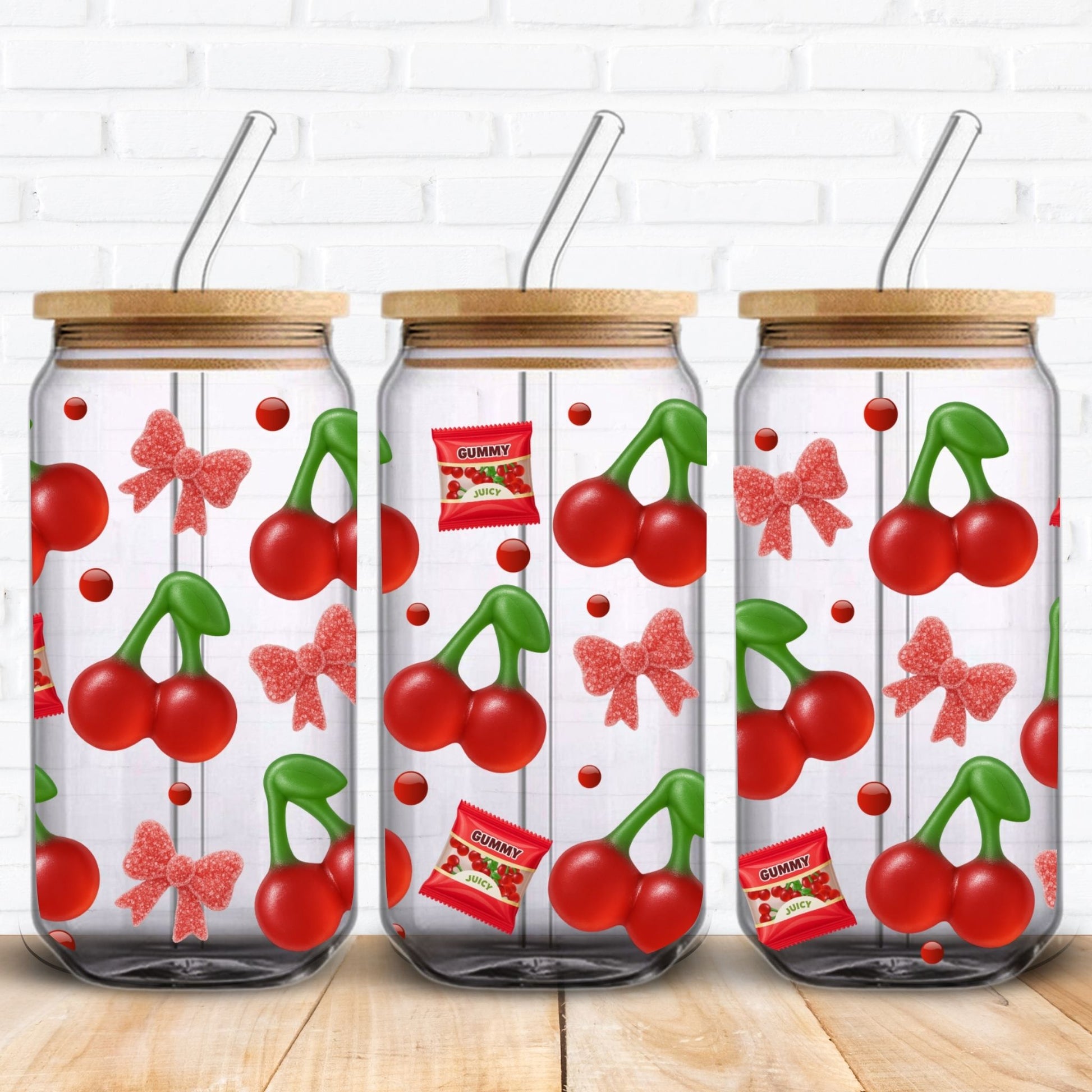 Seamless PNG design featuring glossy red cherry gummies with green stems, sugar-dusted pink bows, and mini red candy drops. Includes small red “GUMMY” sweet packs for a playful candy theme. Perfect for sublimation and UV DTF printing on 16oz Libbey glass cans, mugs, or tumblers. This design is popular with coquette, kawaii, and girly aesthetic lovers. Ideal for DIY cup wraps or printable craft projects