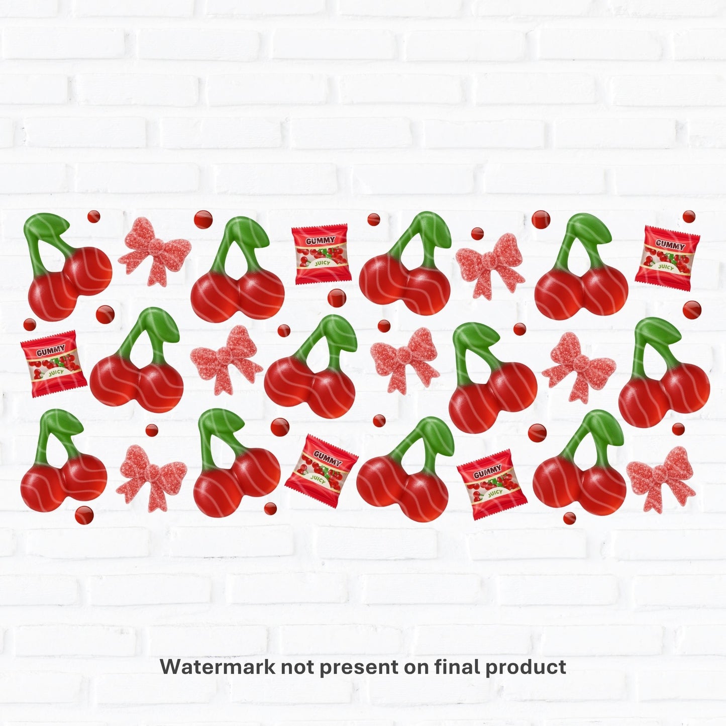 Seamless PNG design featuring glossy red cherry gummies with green stems, sugar-dusted pink bows, and mini red candy drops. Includes small red “GUMMY” sweet packs for a playful candy theme. Perfect for sublimation and UV DTF printing on 16oz Libbey glass cans, mugs, or tumblers. This design is popular with coquette, kawaii, and girly aesthetic lovers. Ideal for DIY cup wraps or printable craft projects