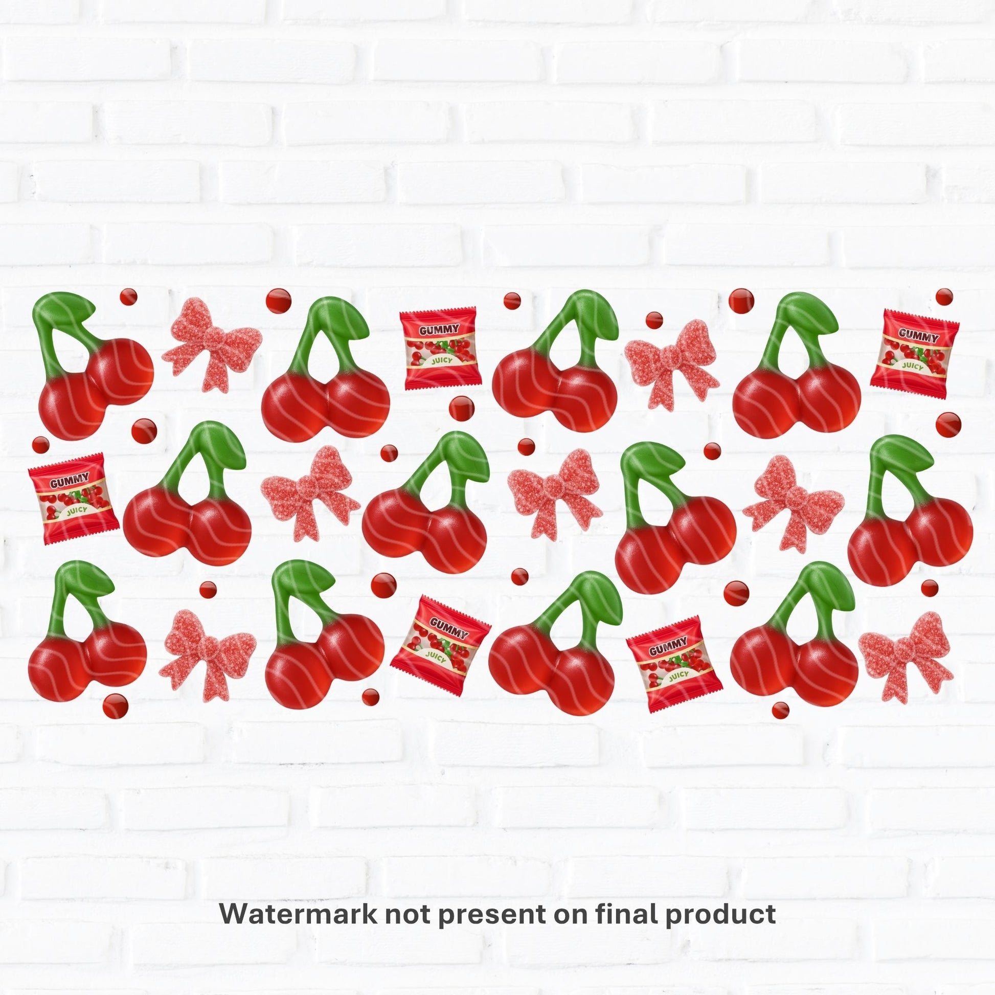 Seamless PNG design featuring glossy red cherry gummies with green stems, sugar-dusted pink bows, and mini red candy drops. Includes small red “GUMMY” sweet packs for a playful candy theme. Perfect for sublimation and UV DTF printing on 16oz Libbey glass cans, mugs, or tumblers. This design is popular with coquette, kawaii, and girly aesthetic lovers. Ideal for DIY cup wraps or printable craft projects