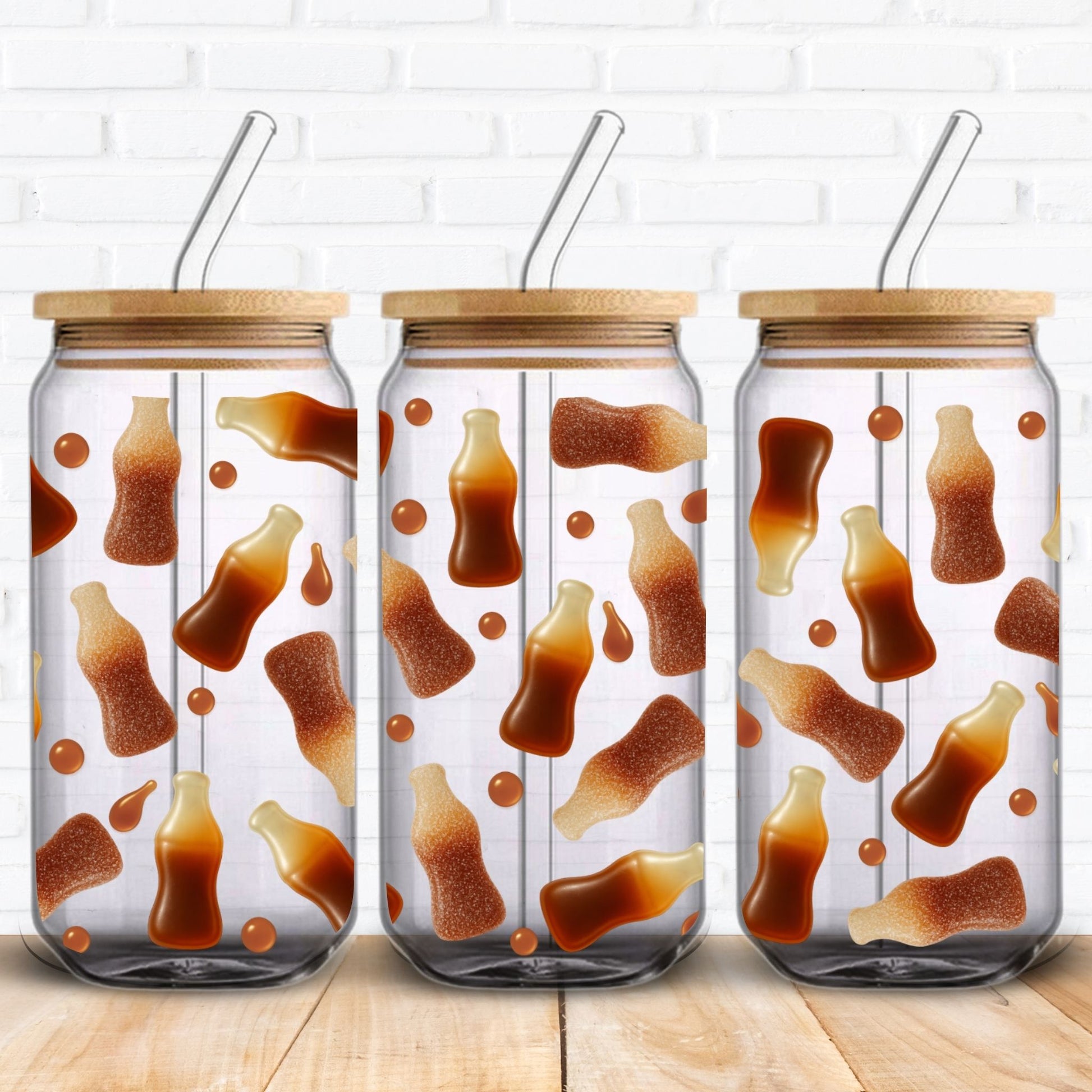 Cola bottle sweet-themed glass can wrap PNG for 16oz Libbey cups. Includes realistic fizzy sugar granule textures and syrupy cola drops for a nostalgic UK candy shop vibe. Great for sublimation and UV DTF applications. Fun, retro-inspired style for summer drinkware or quirky personalised gifts.