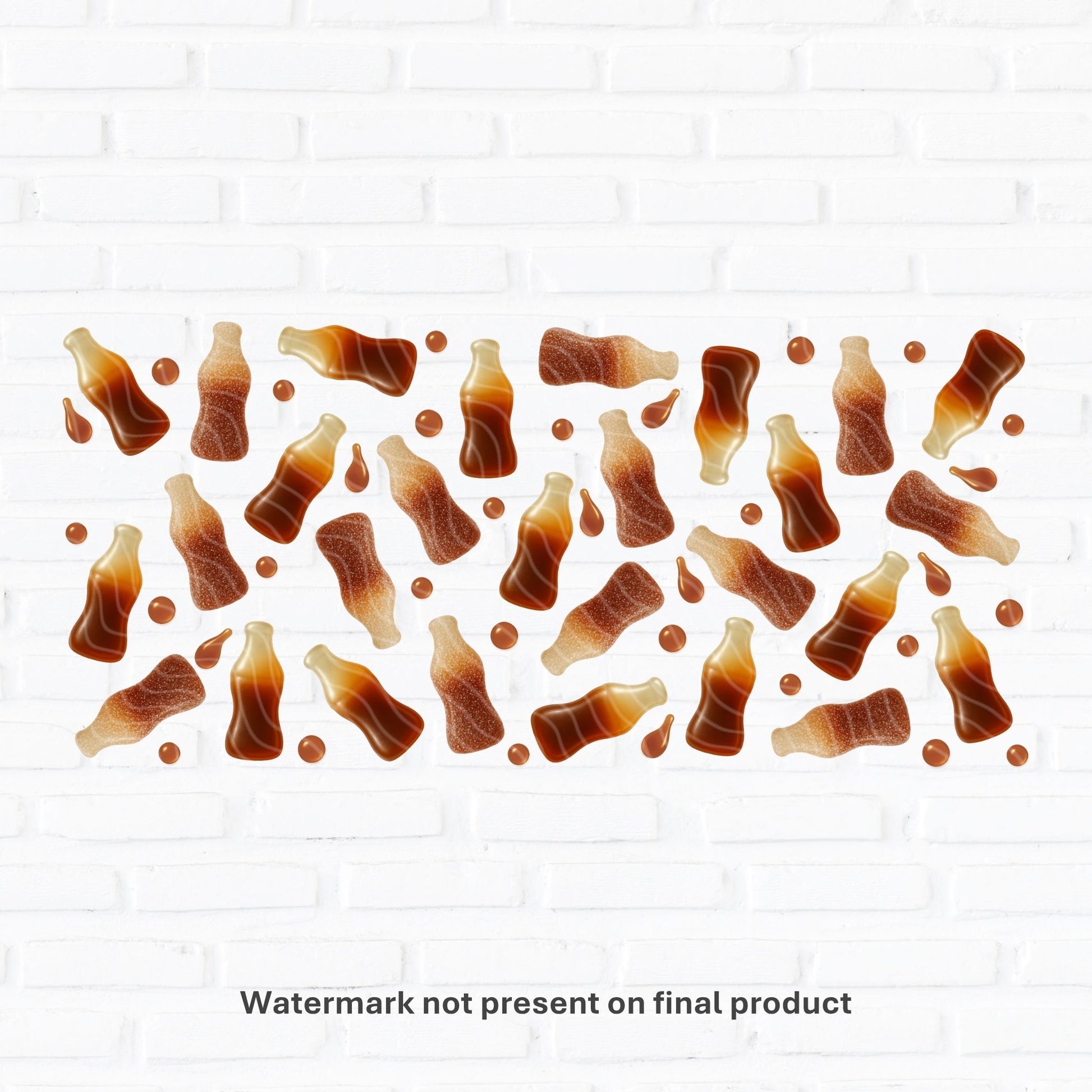 Cola bottle sweet-themed glass can wrap PNG for 16oz Libbey cups. Includes realistic fizzy sugar granule textures and syrupy cola drops for a nostalgic UK candy shop vibe. Great for sublimation and UV DTF applications. Fun, retro-inspired style for summer drinkware or quirky personalised gifts.