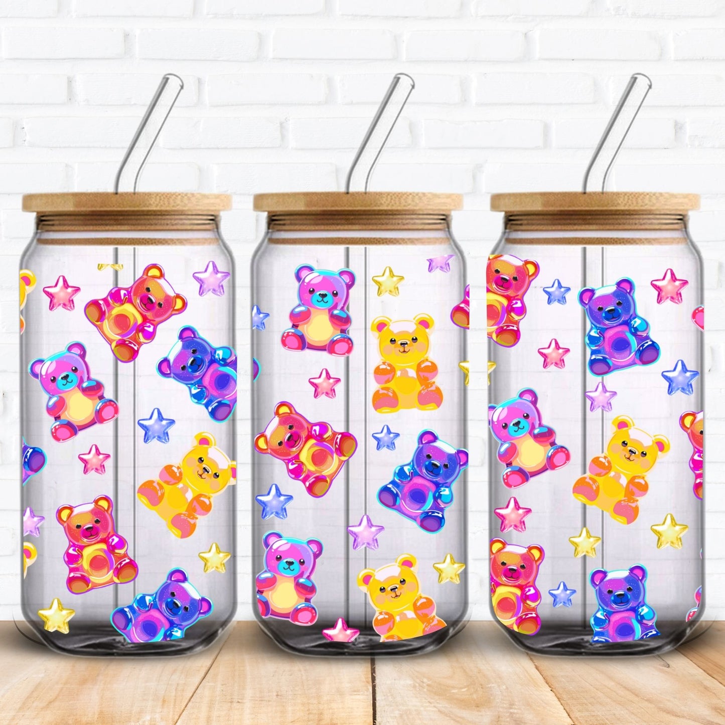 Colourful gummy bear and star pattern PNG wrap for 16oz Libbey glass cans. This digital download features cute rainbow gummy bears in pink, blue, yellow, and purple with shiny stars, perfect for sublimation, UV DTF, or DTF printing. A fun, kawaii-style tumbler wrap design ideal for playful drinkware, sweet-themed gifts, or candy shop vibes. Great for kids, party favours, or girly accessories with a bold, cheerful look.