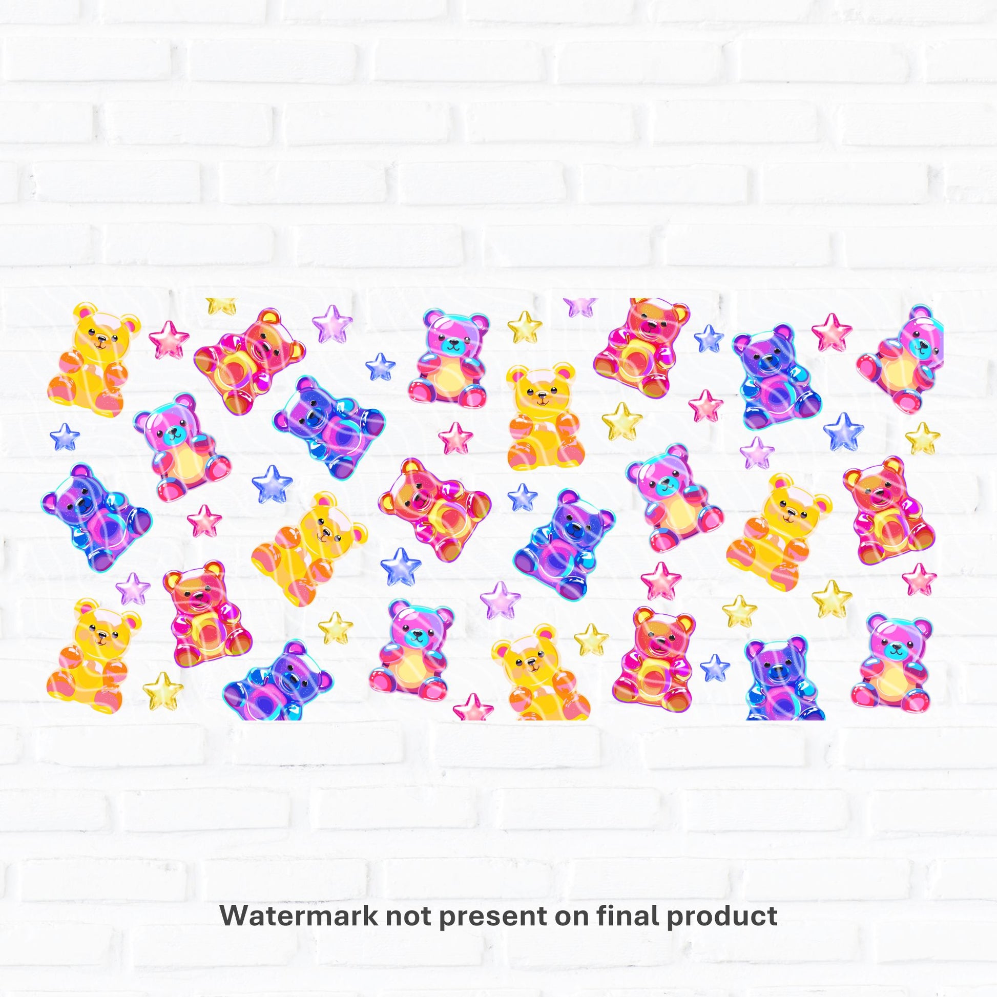 Colourful gummy bear and star pattern PNG wrap for 16oz Libbey glass cans. This digital download features cute rainbow gummy bears in pink, blue, yellow, and purple with shiny stars, perfect for sublimation, UV DTF, or DTF printing. A fun, kawaii-style tumbler wrap design ideal for playful drinkware, sweet-themed gifts, or candy shop vibes. Great for kids, party favours, or girly accessories with a bold, cheerful look.