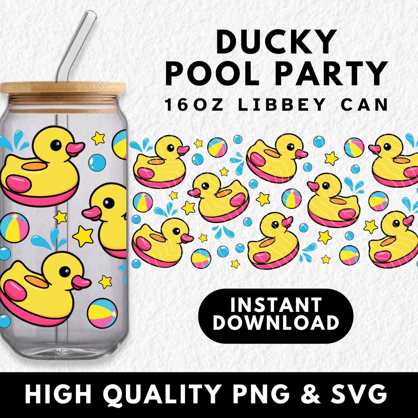Playful rubber duck seamless PNG for 16oz Libbey glass can wrap. Cute yellow ducks with pink accents, beach balls, water splashes, and stars on a black background. Perfect for summer drinkware, glass can sublimation, and crafting custom cups. Ideal digital download for Cricut, sublimation printing, and creating fun glass can wraps for kids, pool parties, or summer vibes.