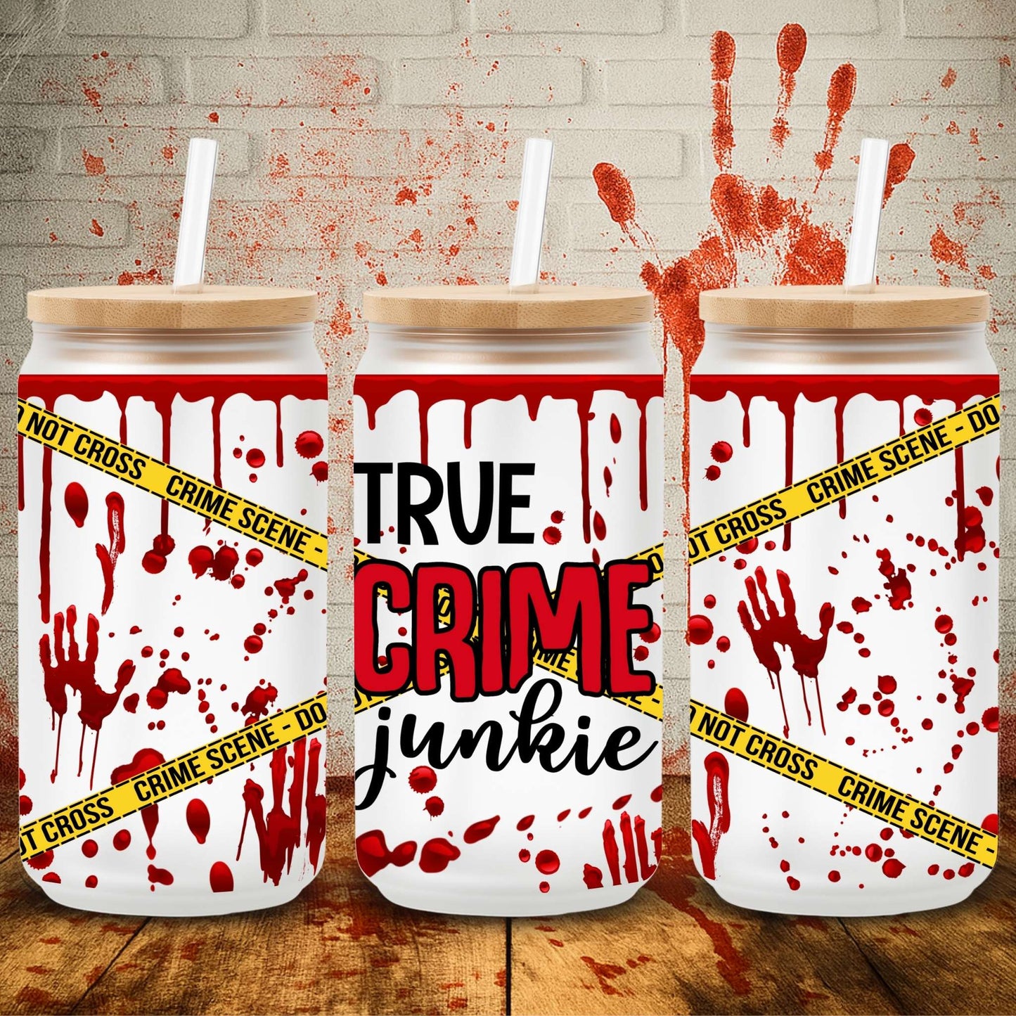 UV DTF Halloween wrap for Libbey 16oz glass cans – spooky tumbler transfer for UK crafters and wholesale suppliers
true crime junkie with blood drip and splatter