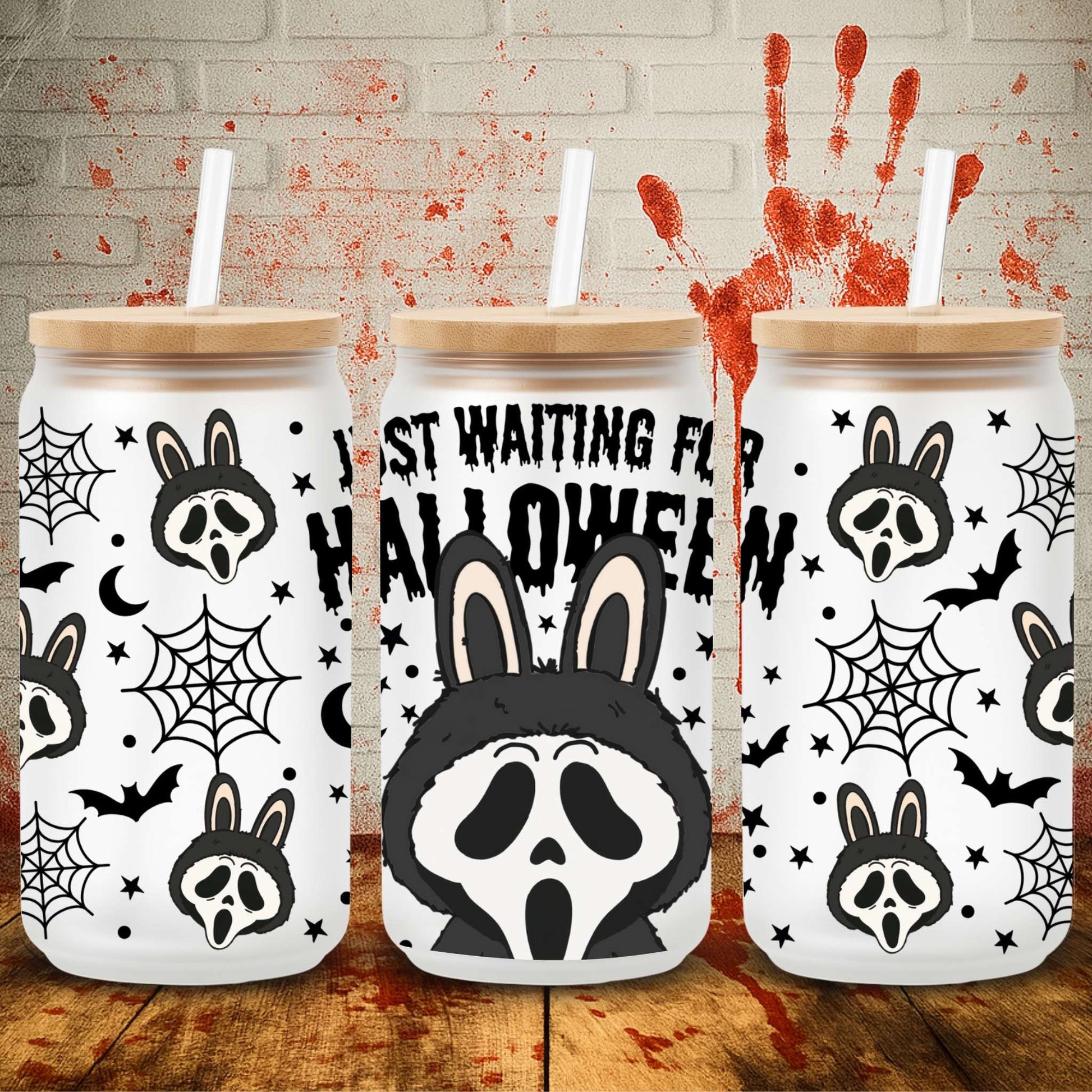 Halloween UV DTF wrap for 16oz Libbey glass can – spooky tumbler transfer from UK wholesale supplier for craft makers.  Cute monsters labubu noyou hang up ghostface