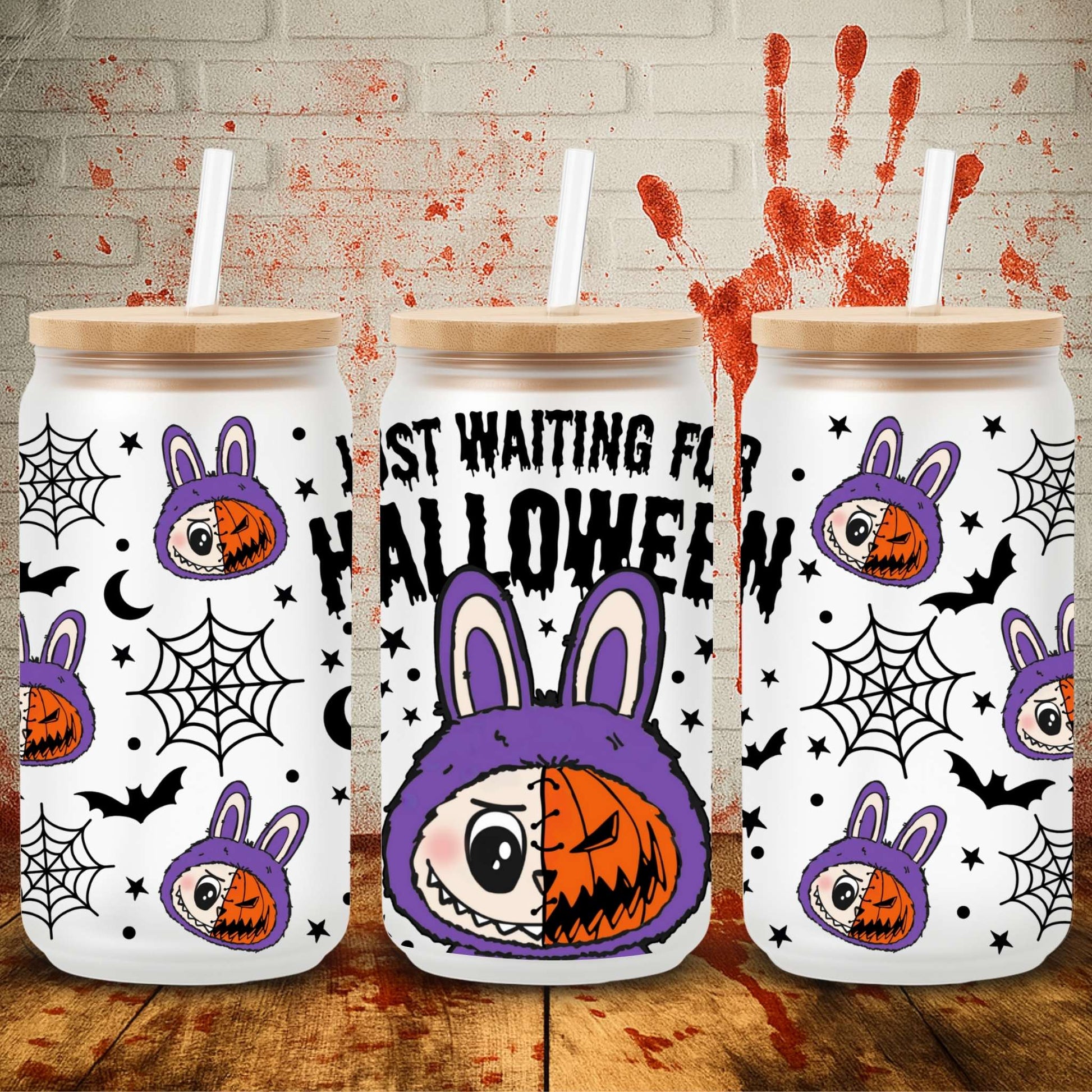 Halloween UV DTF wrap for 16oz Libbey glass can – spooky tumbler transfer from UK wholesale supplier for craft makers.  Cute monsters labubu noyou hang up ghostface