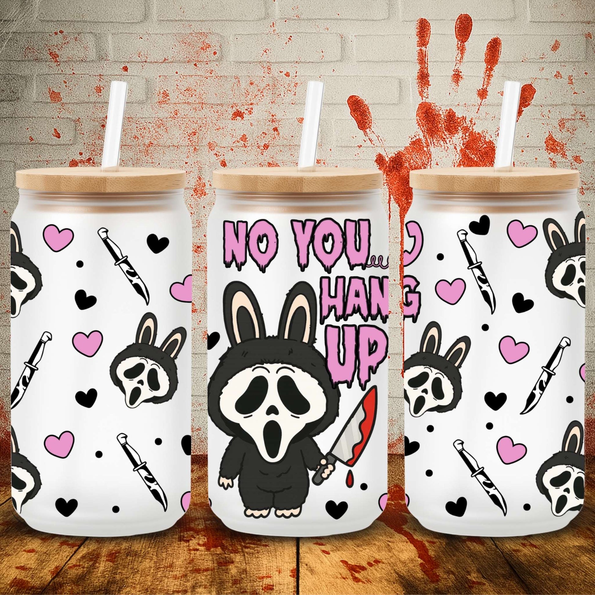 Halloween UV DTF wrap for 16oz Libbey glass can – spooky tumbler transfer from UK wholesale supplier for craft makers.  Cute monsters labubu noyou hang up ghostface