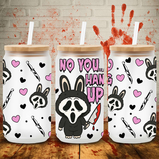 Halloween UV DTF wrap for 16oz Libbey glass can – spooky tumbler transfer from UK wholesale supplier for craft makers.  Cute monsters labubu noyou hang up ghostface