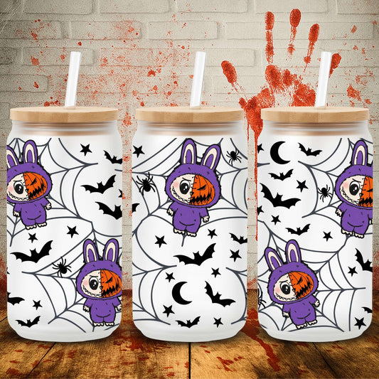Halloween UV DTF wrap for 16oz Libbey glass can – spooky tumbler transfer from UK wholesale supplier for craft makers.  Cute monsters labubu pumpkin jack o lanterns