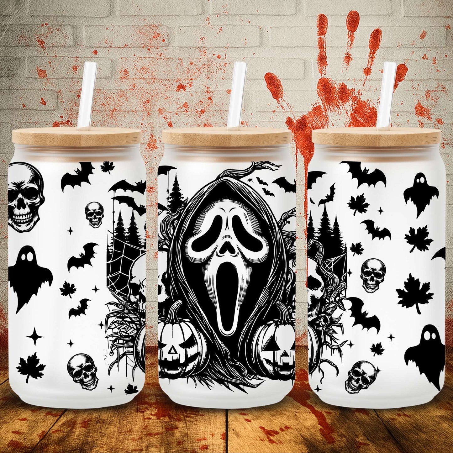 Spooky UV DTF transfer for 16oz Libbey tumbler – premium Halloween wrap from UK-based wholesale crafting supplier. Ghostface scream the movie designs