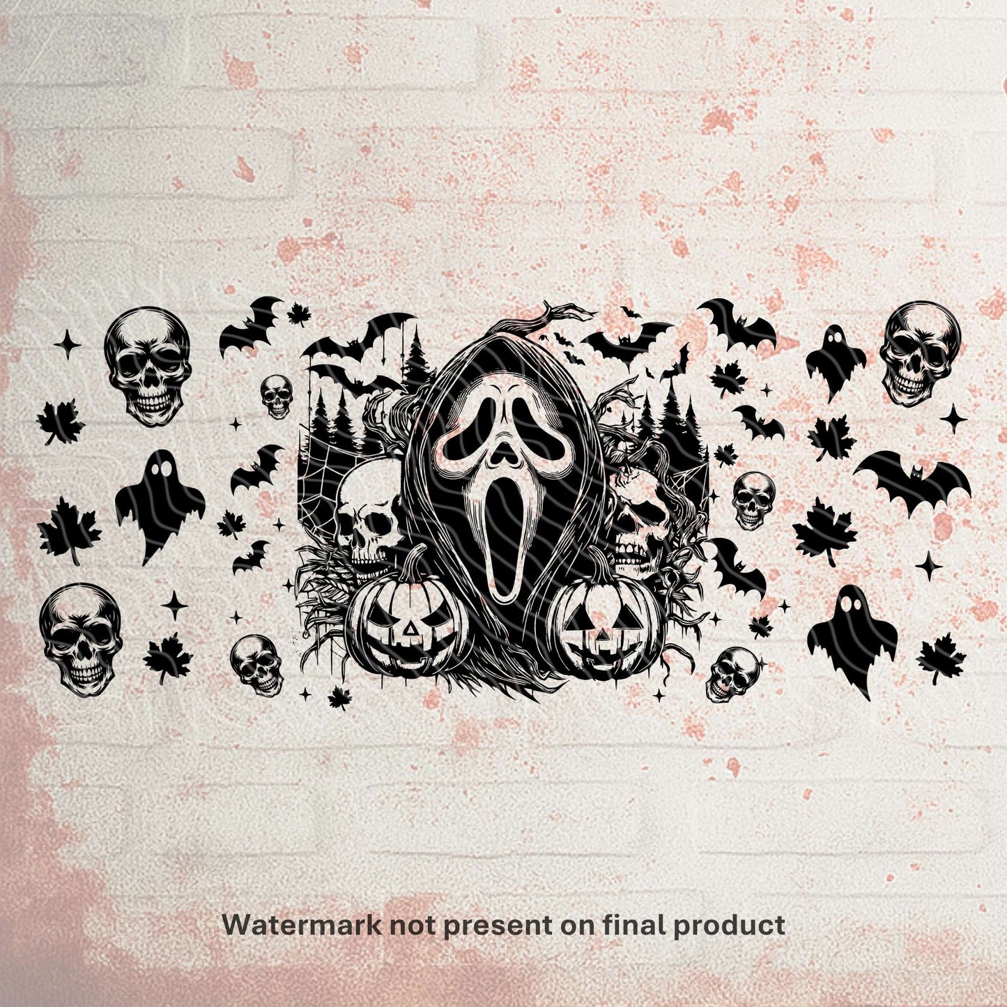Spooky UV DTF transfer for 16oz Libbey tumbler – premium Halloween wrap from UK-based wholesale crafting supplier. Ghostface scream the movie designs