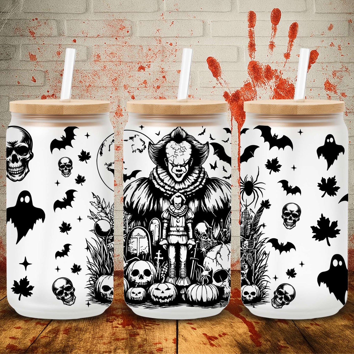 UV DTF Halloween wrap for Libbey 16oz glass cans – spooky tumbler transfer for UK crafters and wholesale suppliers. IT the clown pennywise designs