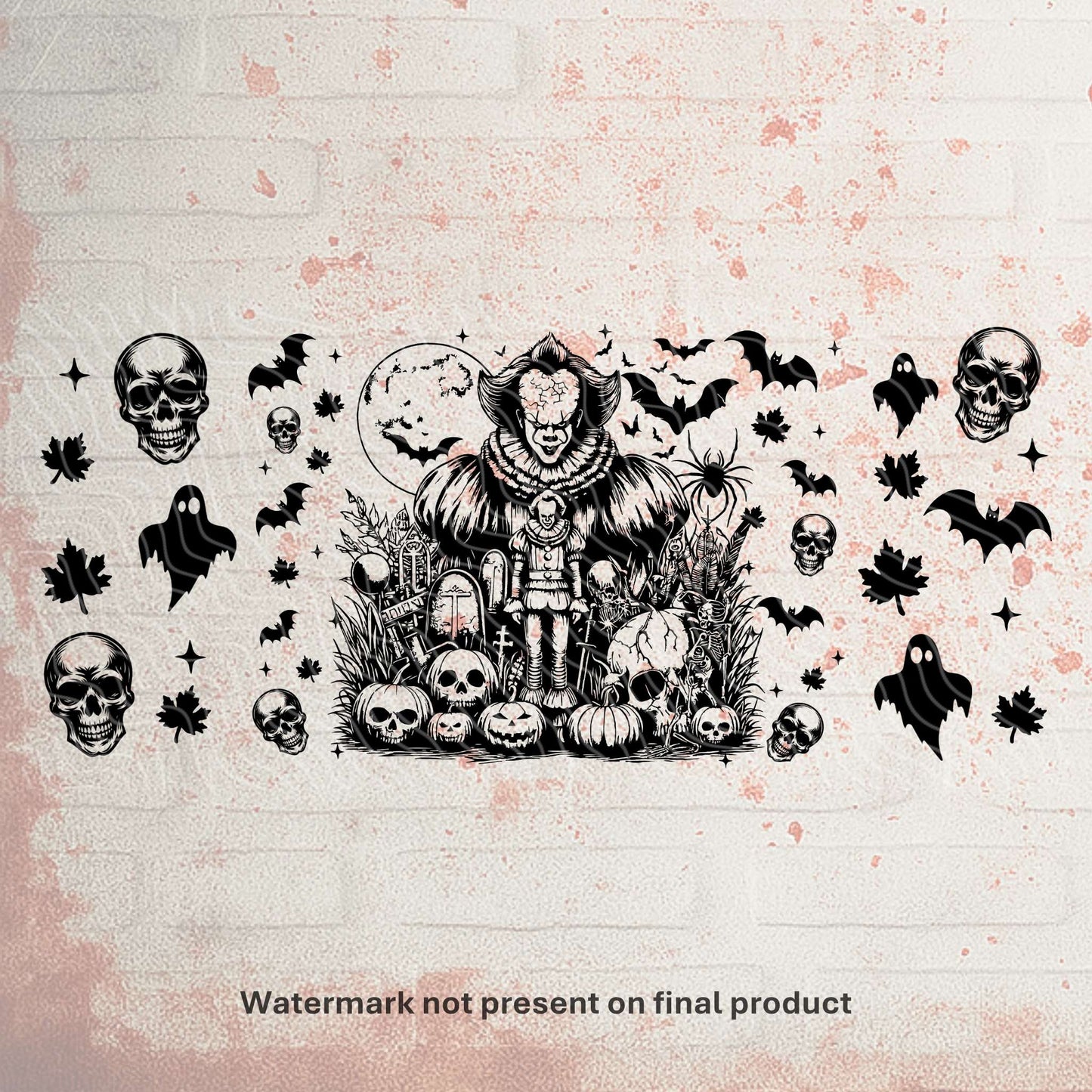 UV DTF Halloween wrap for Libbey 16oz glass cans – spooky tumbler transfer for UK crafters and wholesale suppliers. IT the clown pennywise designs