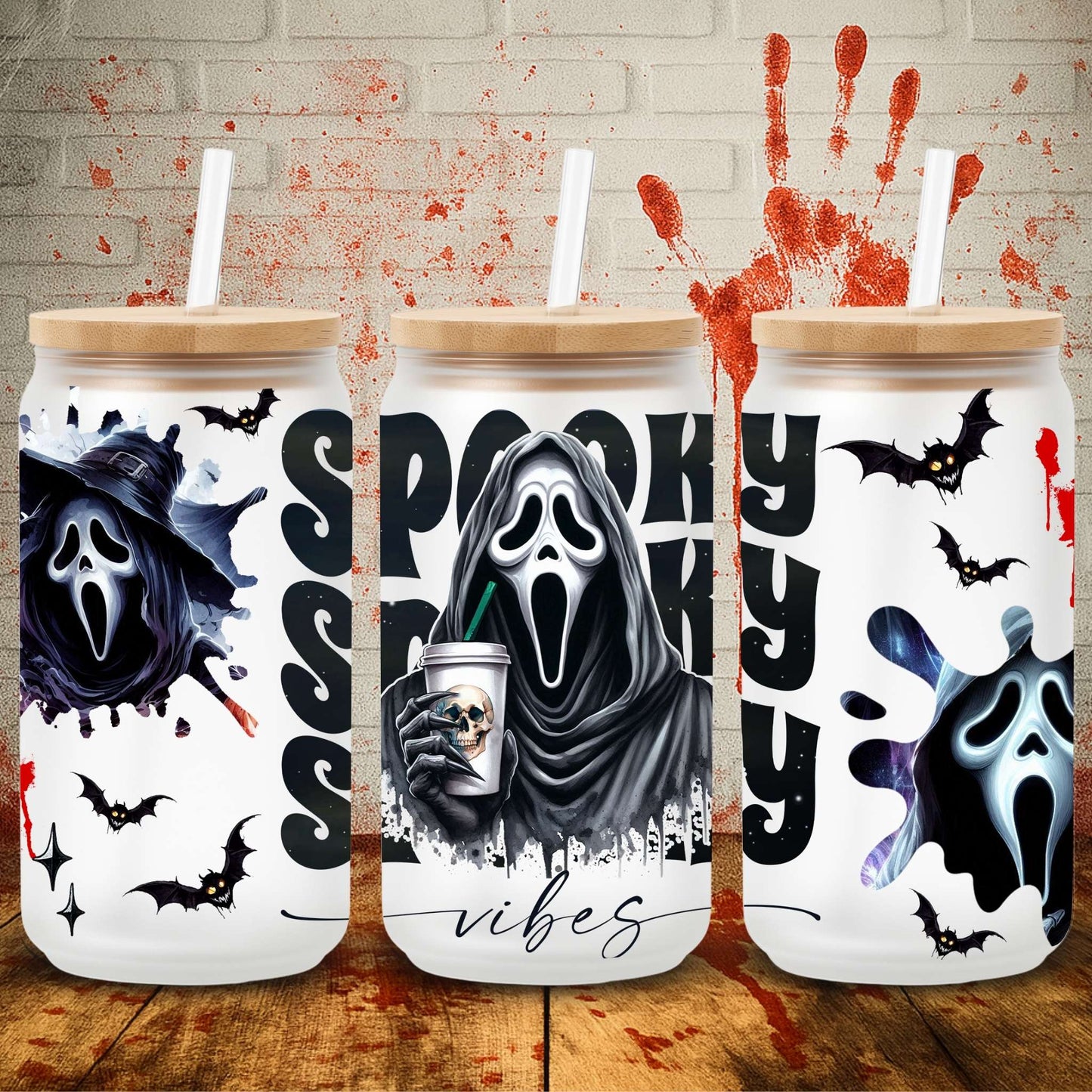 UV DTF Halloween wrap for Libbey 16oz glass cans – spooky tumbler transfer for UK crafters and wholesale suppliers. Ghostface design tumbler wraps