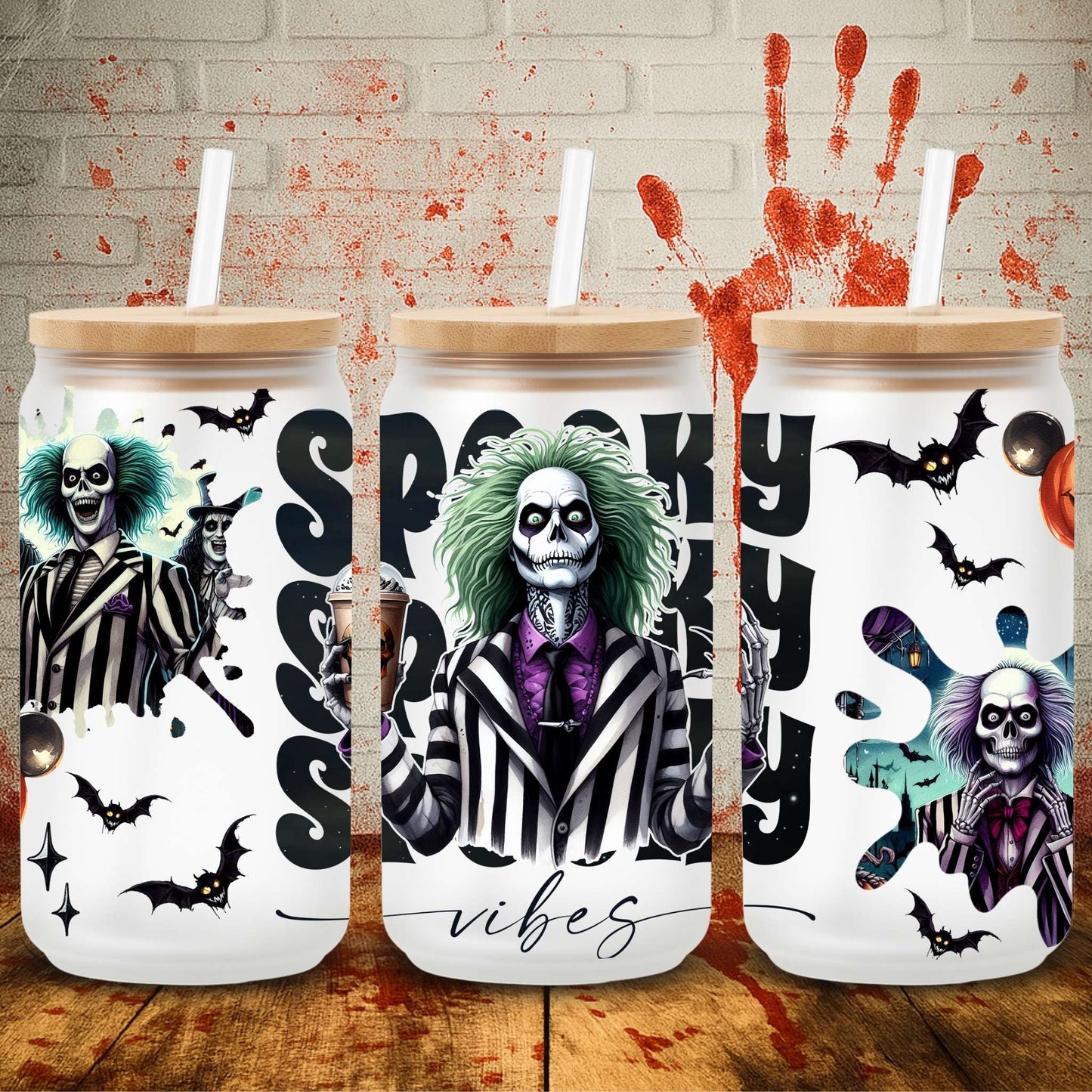 UV DTF Halloween wrap for Libbey 16oz glass cans – spooky tumbler transfer for UK crafters and wholesale suppliers. Beetlejuice tumbler wraps