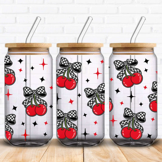 16oz libbey glass can wrap of cherries and stars.  UVDTF print of cherry