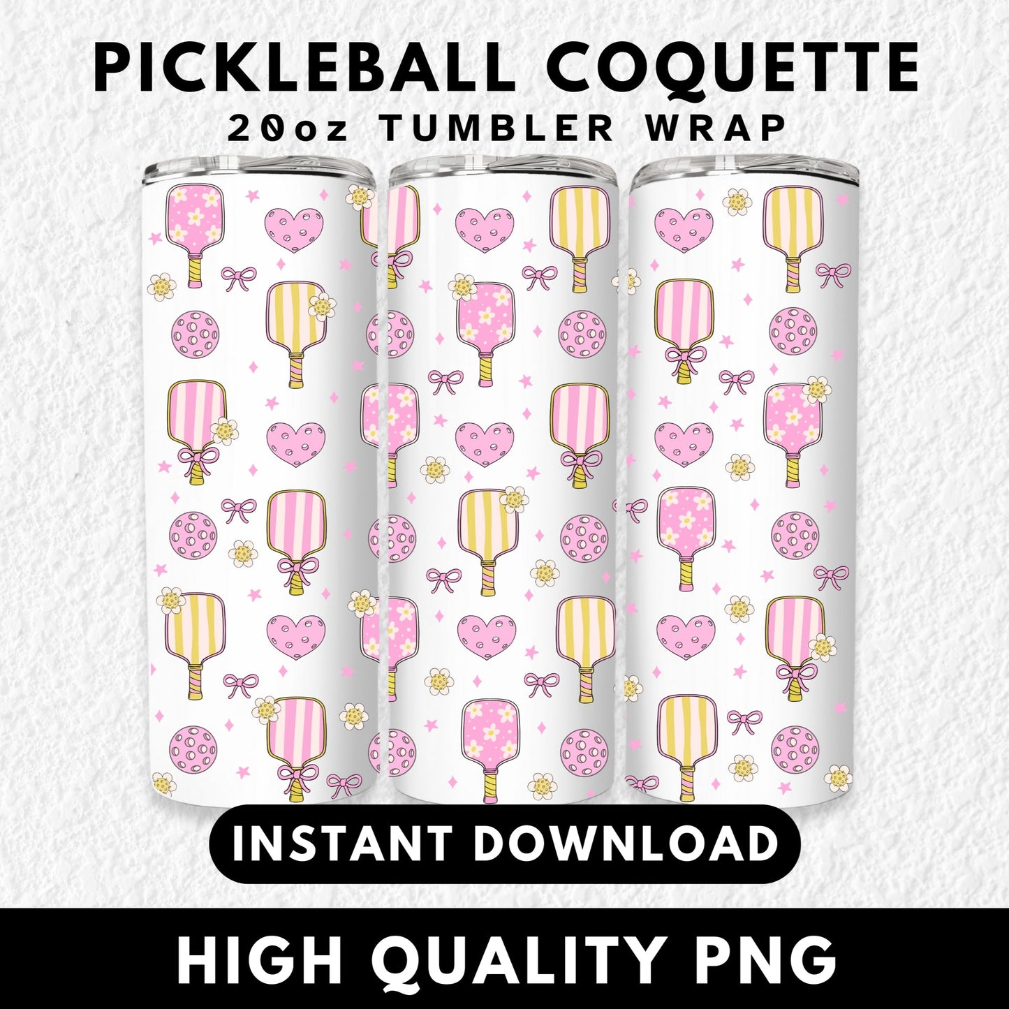 Seamless pattern featuring cute pink and yellow pickleball paddles with floral and striped designs, pink perforated hearts, pickleballs, flowers, bows, and stars on a black background. Ideal for pickleball-themed merchandise, girly sports prints, or playful athletic fashion. This whimsical and feminine pickleball illustration is perfect for fabric patterns, wallpaper, wrapping paper, or digital backgrounds for sports lovers