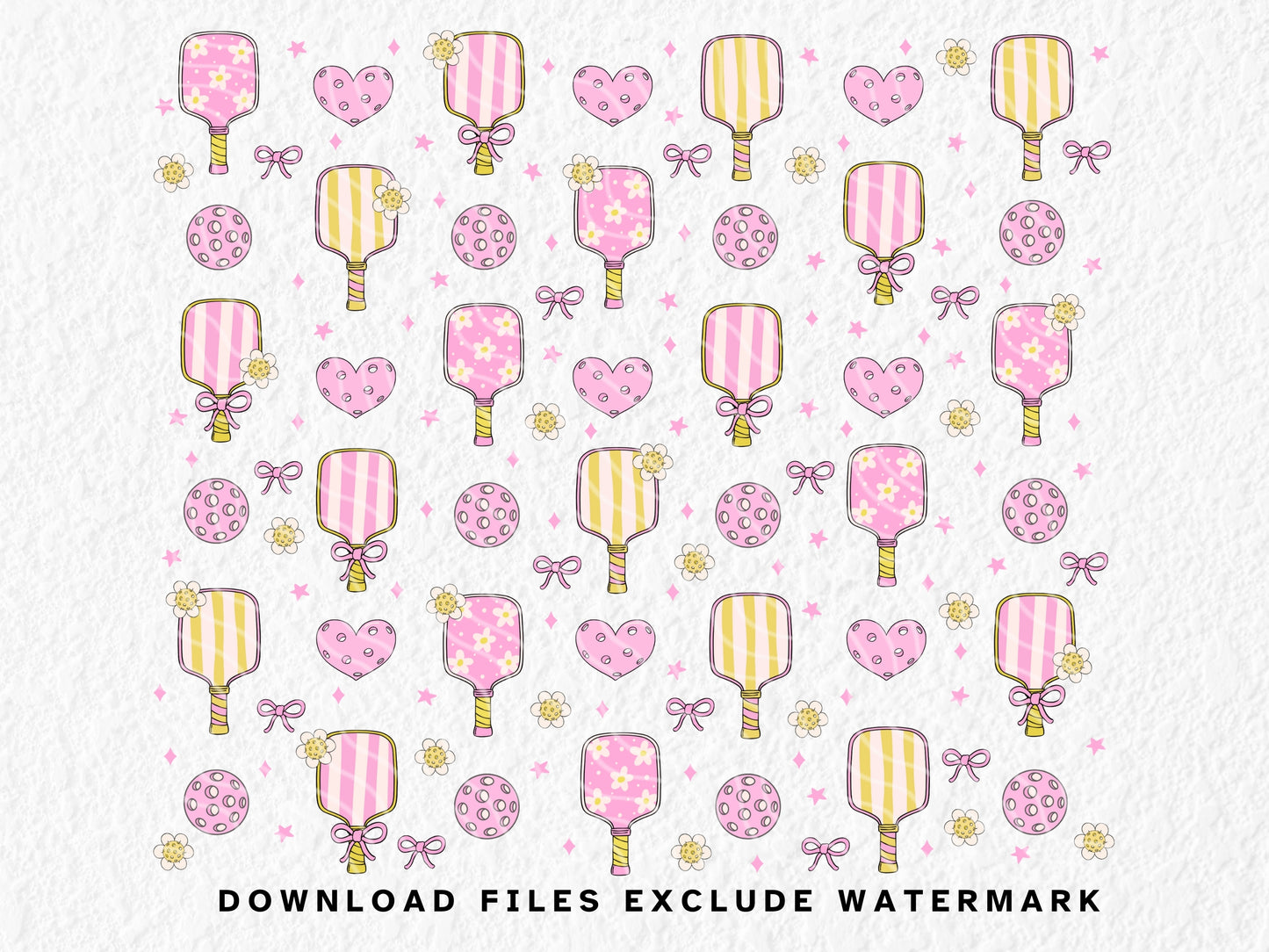 Seamless pattern featuring cute pink and yellow pickleball paddles with floral and striped designs, pink perforated hearts, pickleballs, flowers, bows, and stars on a black background. Ideal for pickleball-themed merchandise, girly sports prints, or playful athletic fashion. This whimsical and feminine pickleball illustration is perfect for fabric patterns, wallpaper, wrapping paper, or digital backgrounds for sports lovers