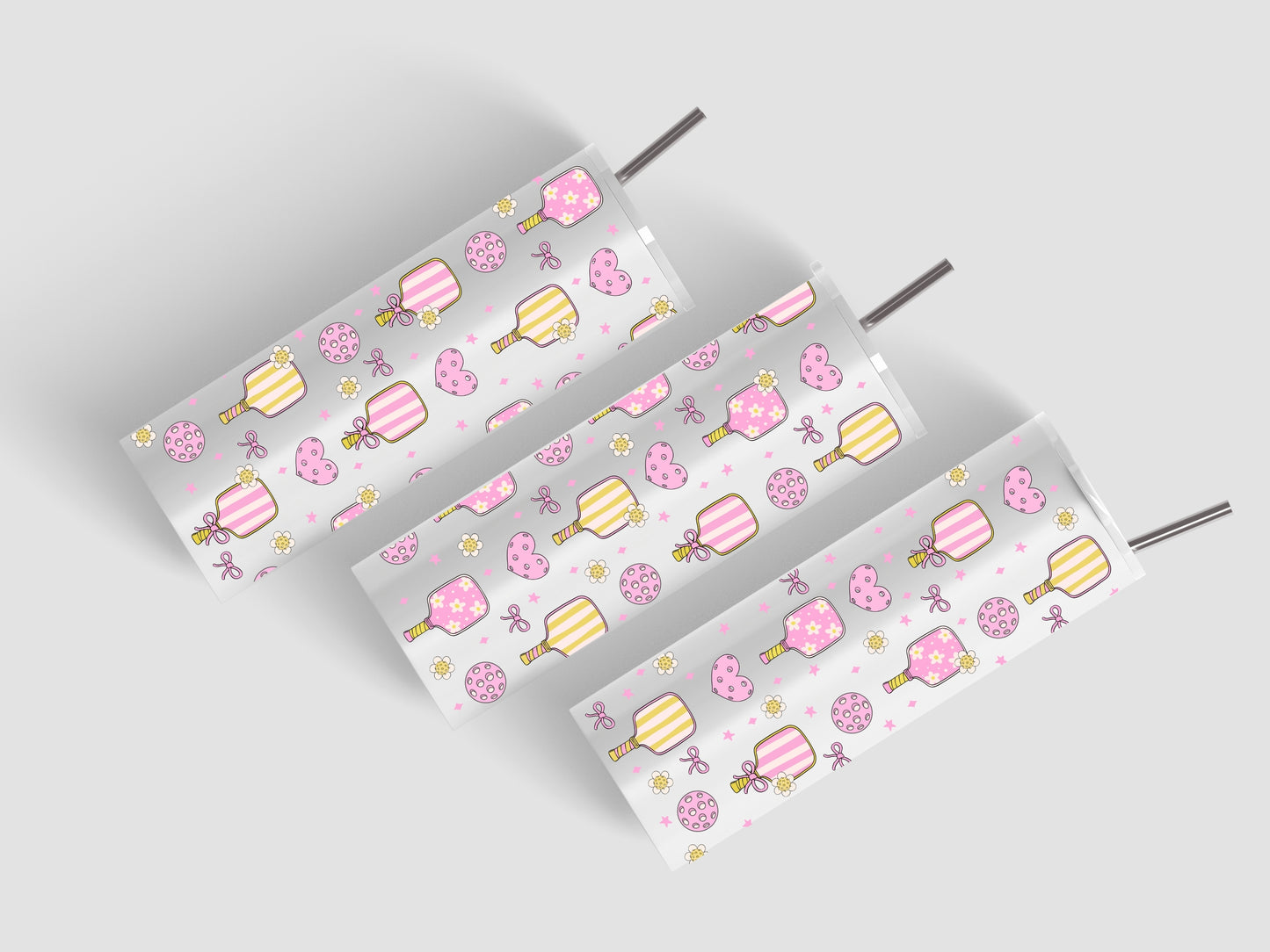 Seamless pattern featuring cute pink and yellow pickleball paddles with floral and striped designs, pink perforated hearts, pickleballs, flowers, bows, and stars on a black background. Ideal for pickleball-themed merchandise, girly sports prints, or playful athletic fashion. This whimsical and feminine pickleball illustration is perfect for fabric patterns, wallpaper, wrapping paper, or digital backgrounds for sports lovers