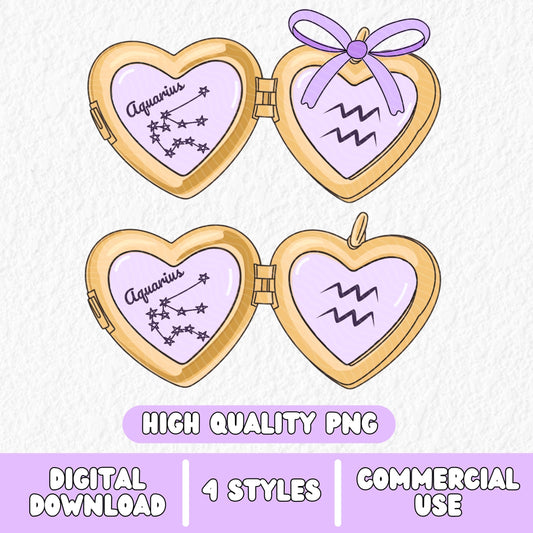 a cute trending and popular PNG digital download design of a gold love heart locket featuring a zodiac star sign and constellation symbol, finished with a purple lilac bow.  Can be used to create physical stickers or use for sublimation on clothing such as t shirts, jumpers and canvas bags