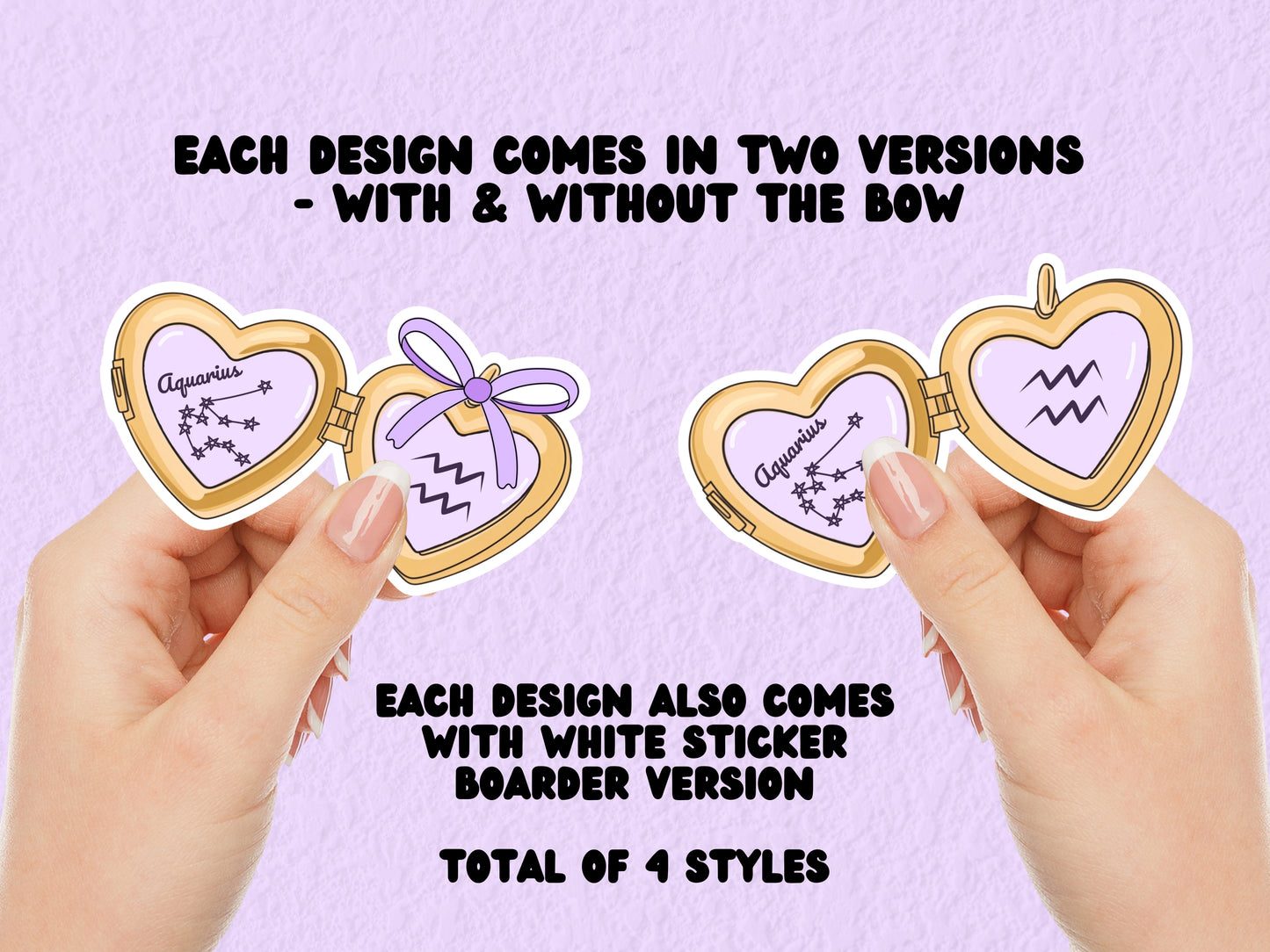 a cute trending and popular PNG digital download design of a gold love heart locket featuring a zodiac star sign and constellation symbol, finished with a purple lilac bow.  Can be used to create physical stickers or use for sublimation on clothing such as t shirts, jumpers and canvas bags