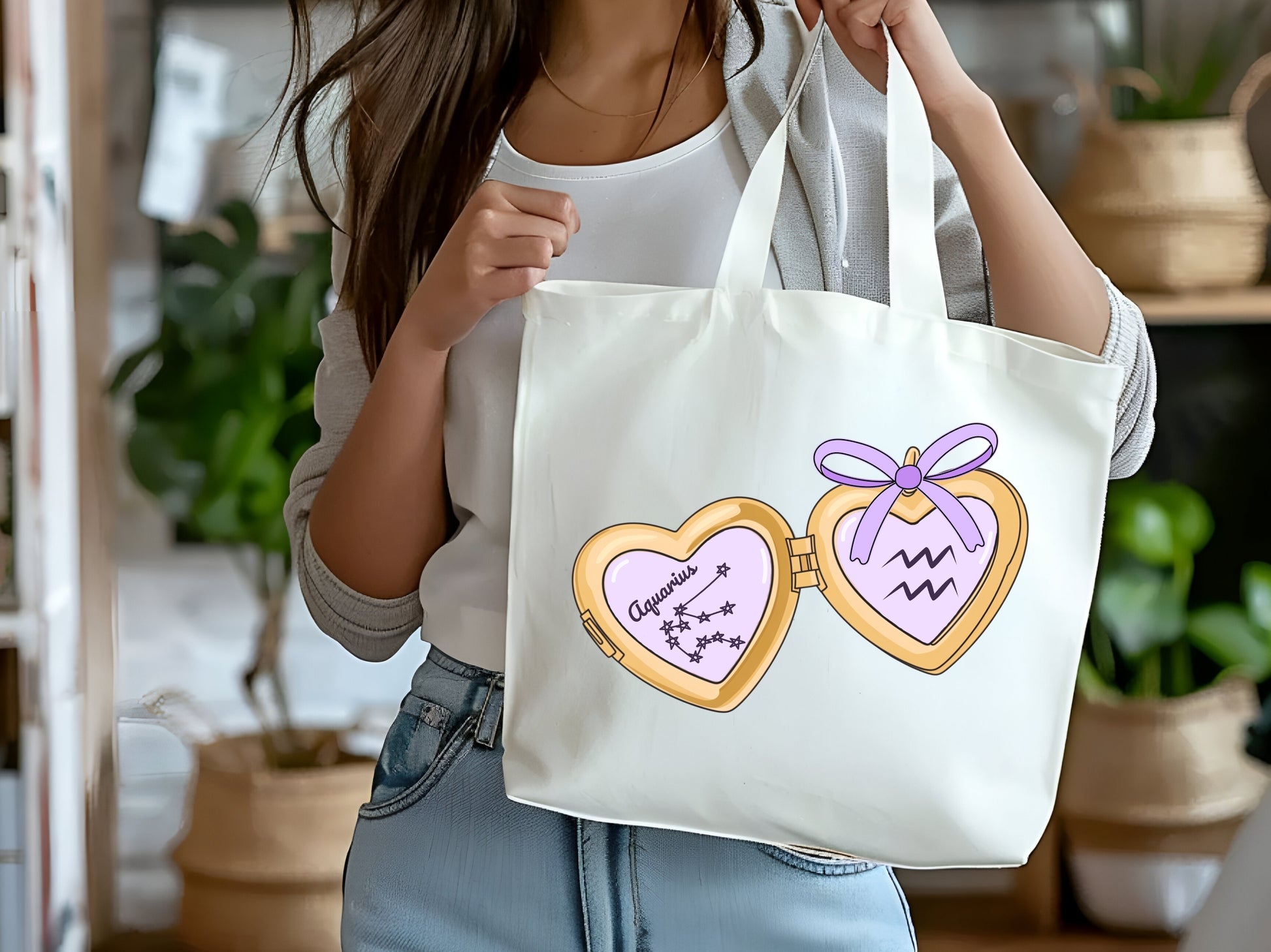 a cute trending and popular PNG digital download design of a gold love heart locket featuring a zodiac star sign and constellation symbol, finished with a purple lilac bow.  Can be used to create physical stickers or use for sublimation on clothing such as t shirts, jumpers and canvas bags